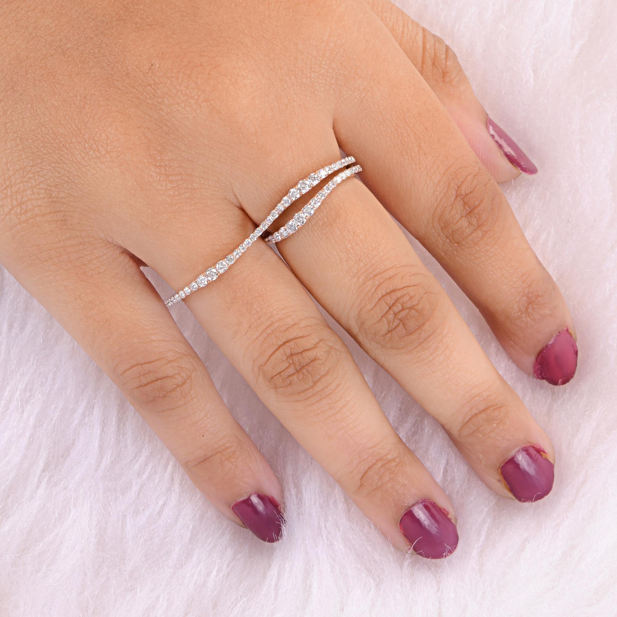 Round Cut Natural 0.74 Carat SI/H Round Diamond Double Finger Ring 14 Karat Rose Gold For Sale