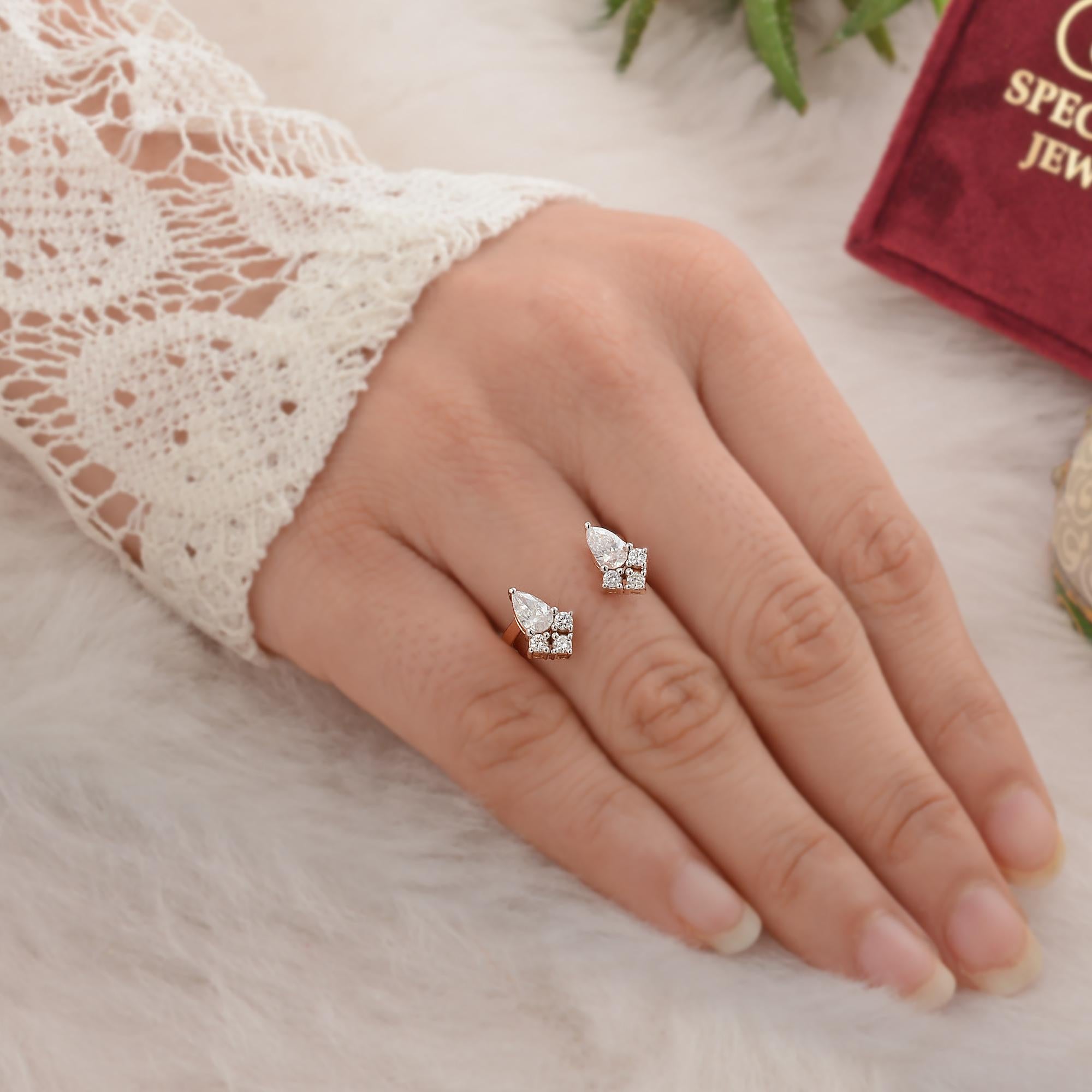 Modern Natural 0.75 Carat SI Clarity HI Color Pear Diamond Fine Cuff Ring 18k Rose Gold For Sale