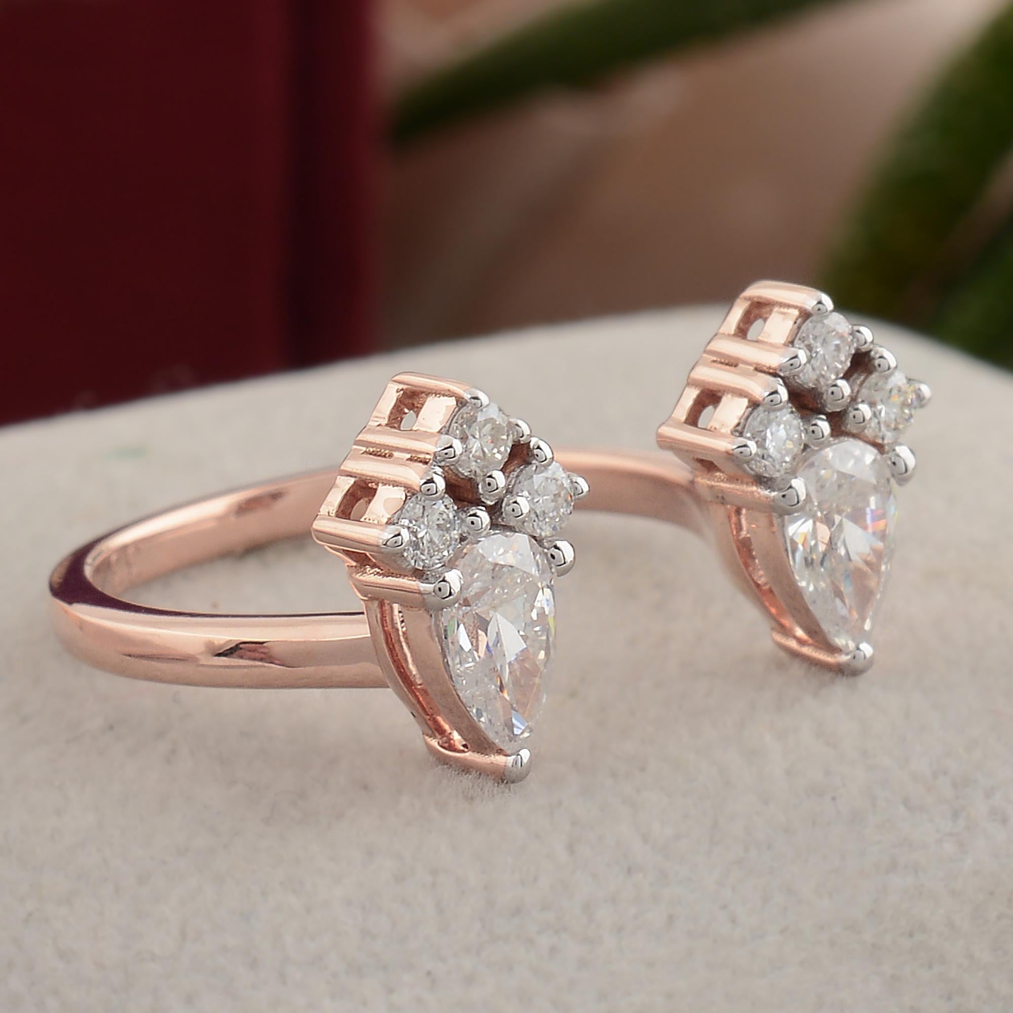 Pear Cut Natural 0.75 Carat SI Clarity HI Color Pear Diamond Fine Cuff Ring 18k Rose Gold For Sale