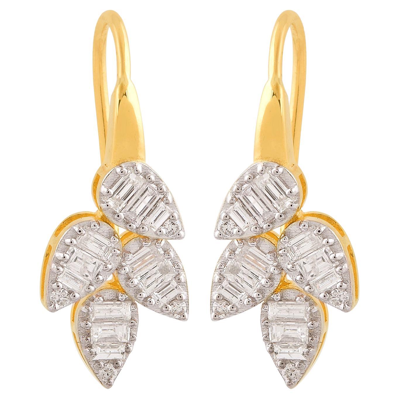 Nature 0.75Ct SI/H Diamond Cluster Leaf Hook Earrings 18 Karat Yellow Gold