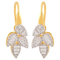Nature 0.75Ct SI/H Diamond Cluster Leaf Hook Earrings 18 Karat Yellow Gold