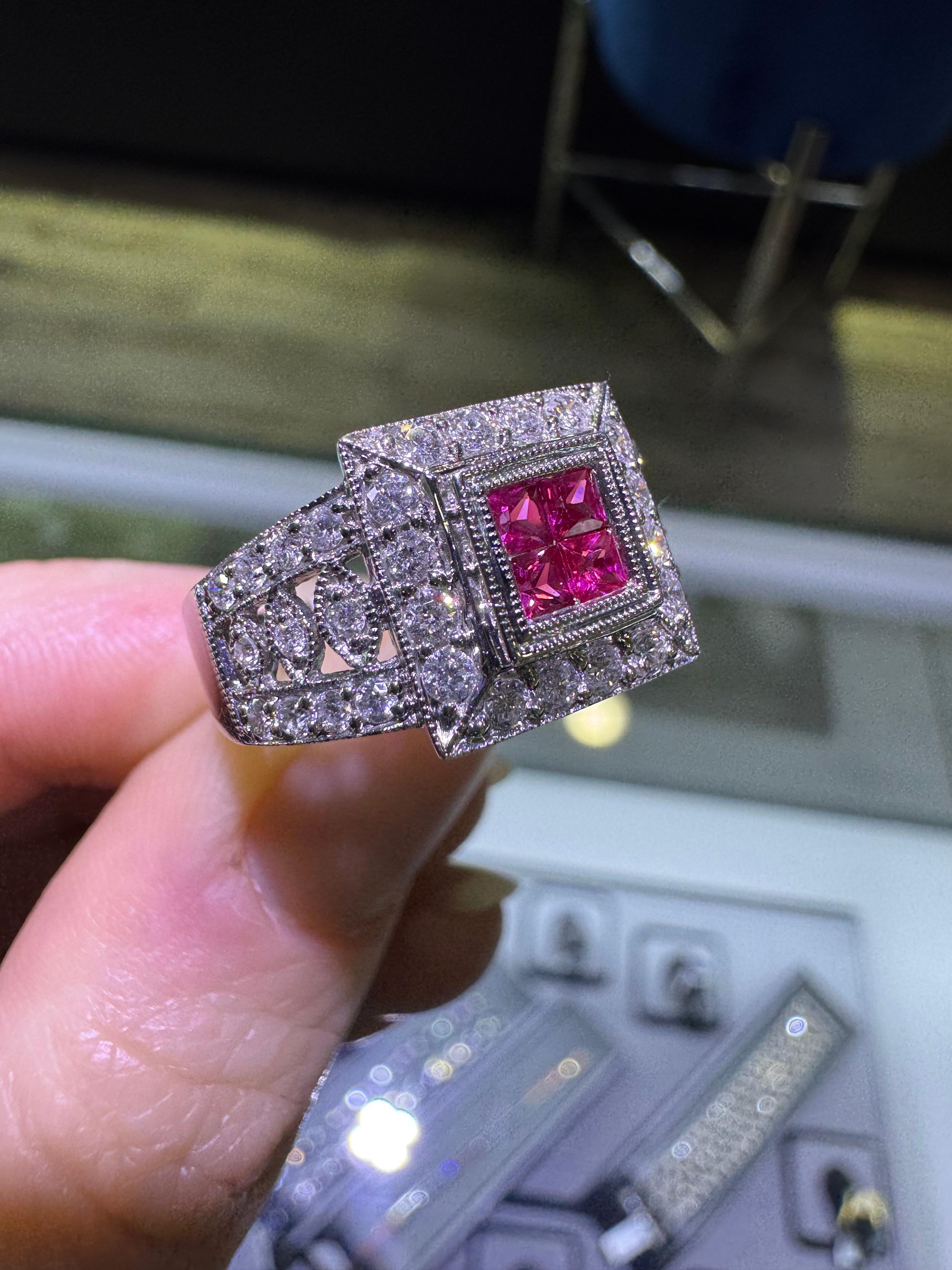Princess Cut Natural 0.76 Carat Diamond and 0.12 Carat Ruby 18-Karat Cocktail Ring In Stock For Sale