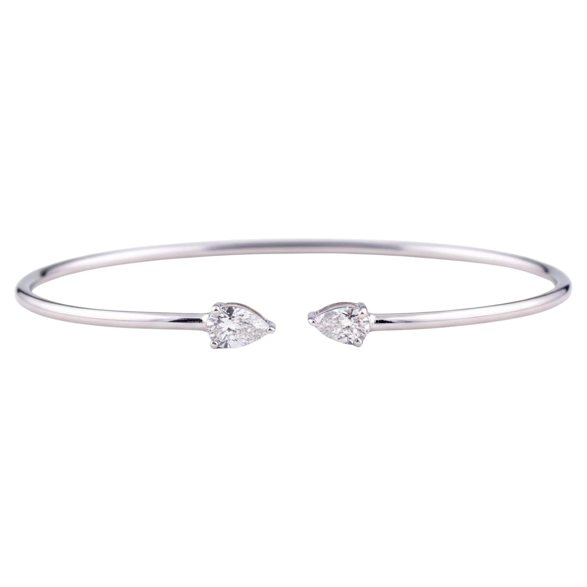 Natural 0.78 Carat SI/H Pear Diamond Cuff Bangle Bracelet 18 Karat White Gold For Sale