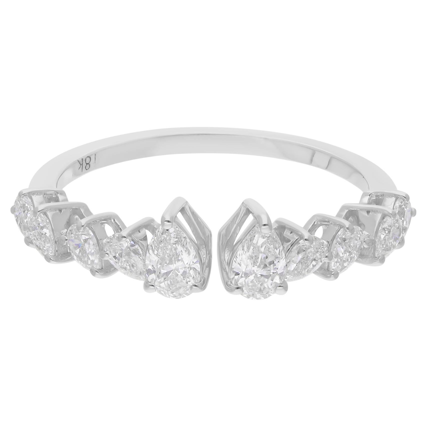 Natural 0.78 Carat SI/H Pear Diamond Open Band Cuff Ring 18 Karat White Gold