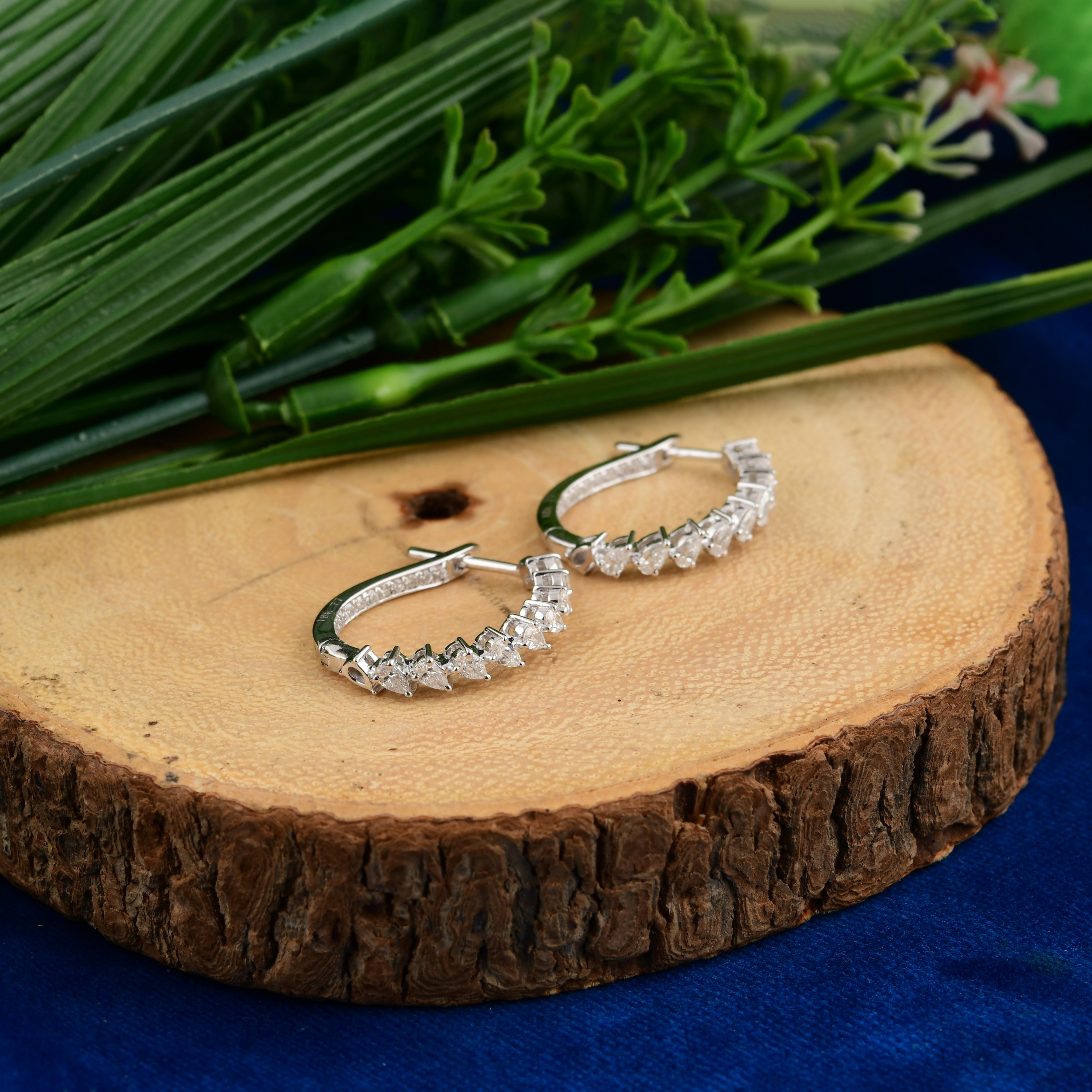 Women's Natural 0.79cts SI/HI Color Pear Cut Diamond Hoop Earrings 18 Karat White Gold For Sale