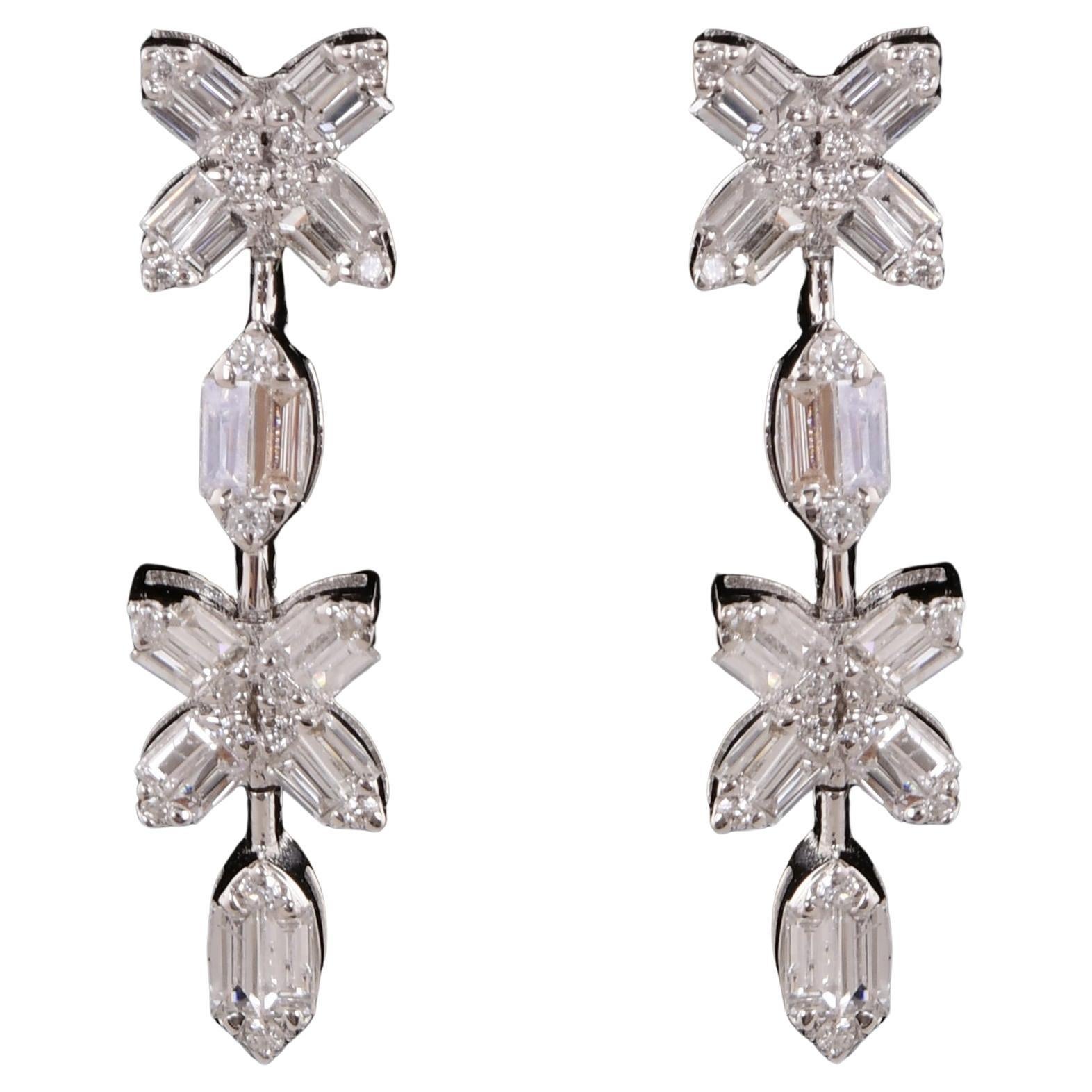 Pendants d'oreilles en or blanc 14 carats avec diamants baguettes et ronds de 0,80 carat