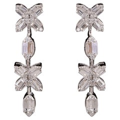 Natural 0.80 Carat Baguette & Round Diamond Dangle Earrings 18 Karat White Gold