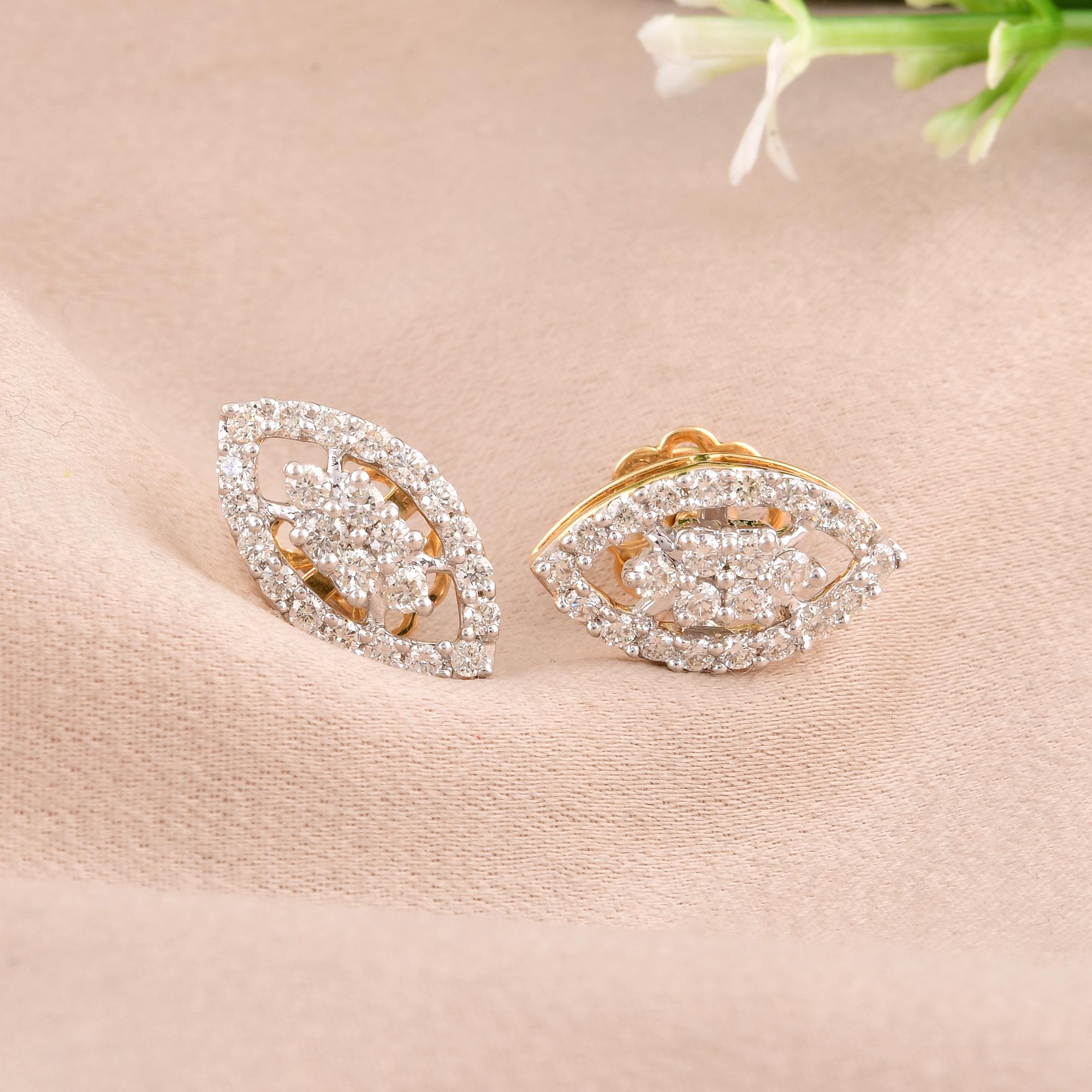 Round Cut Natural 0.80 Carat Diamond Marquise Design Stud Earrings 14 Karat Yellow Gold For Sale