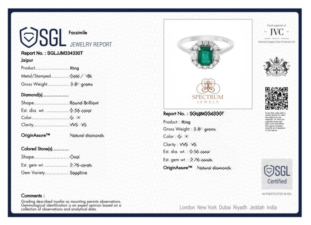 Natural 0.80 Carat Emerald Cocktail Ring 0.49 Carat SI/H Diamond 14k White Gold For Sale 2