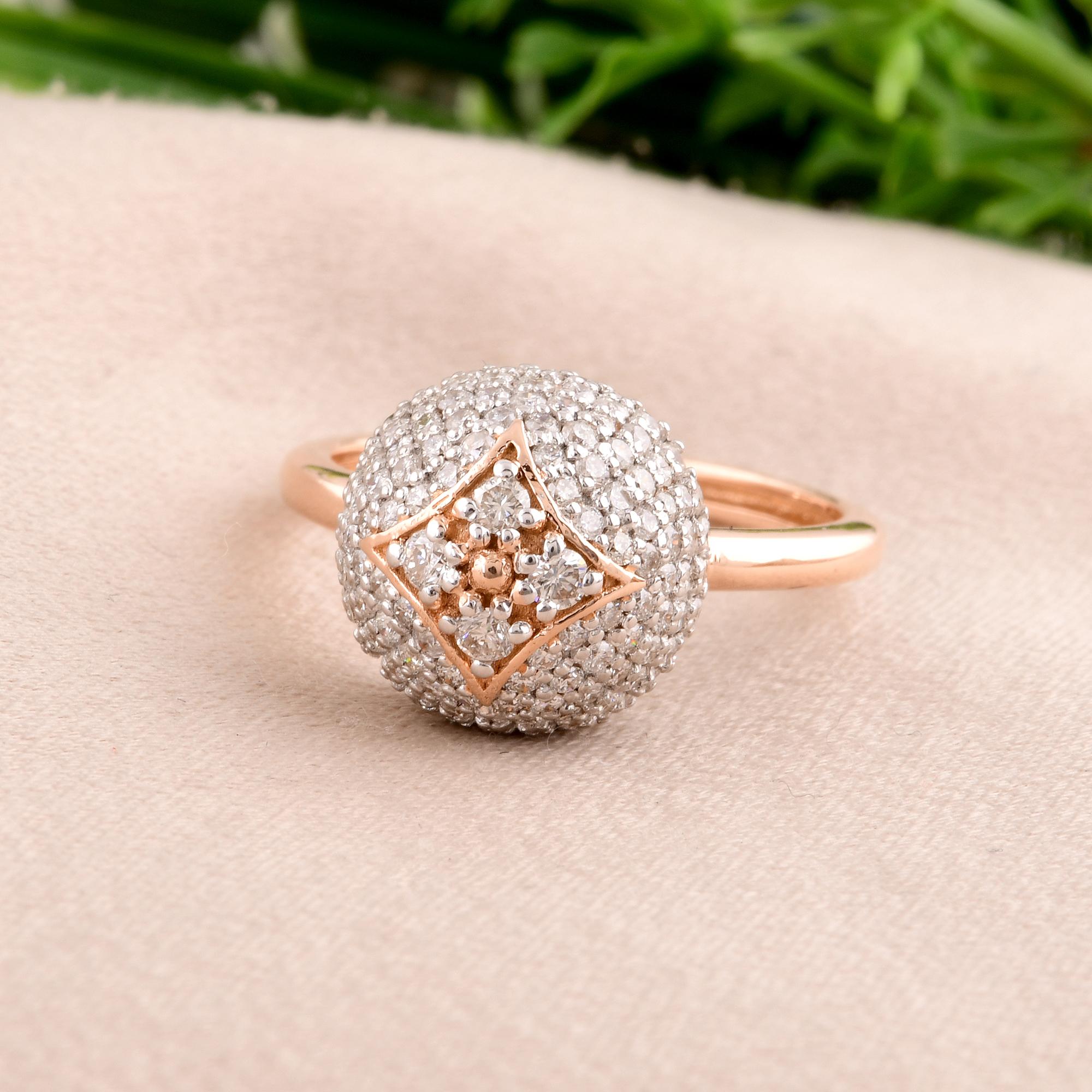 Modern Natural 0.80 Carat Pave Diamond Dome Ring 14 Karat Rose Gold Handmade Jewelry For Sale