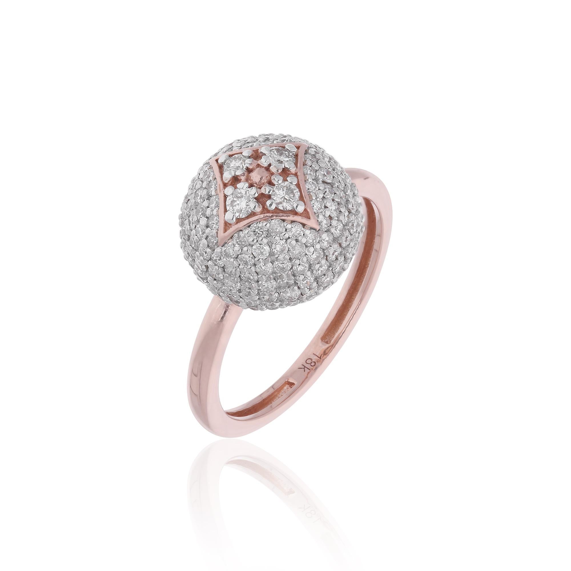 Round Cut Natural 0.80 Carat Pave Diamond Dome Ring 14 Karat Rose Gold Handmade Jewelry For Sale