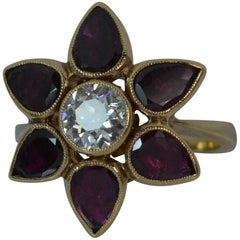 Natural 0.80ct Old Cut Diamond & Flat Pear Garnet Gold Sunburst Cluster Ring