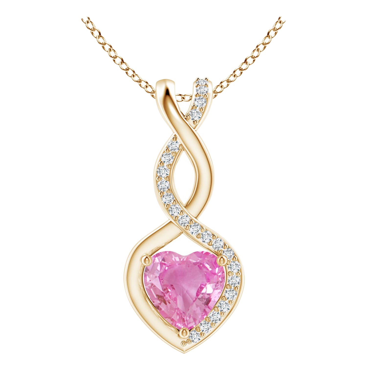 Pendentif cœur Infinity en or jaune 14 carats avec saphir rose naturel de 0,80 carat et diamants