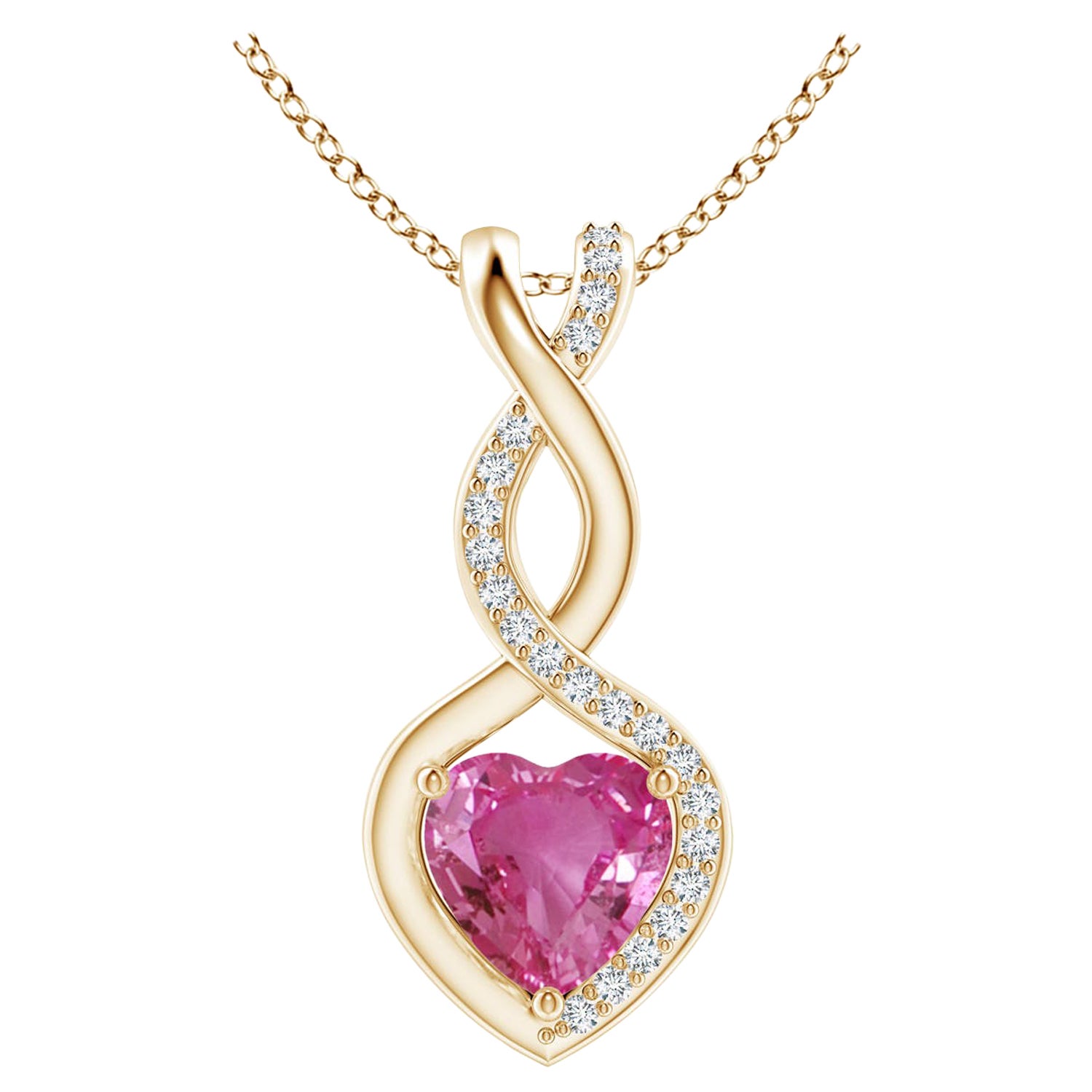 Natürlicher 0,80 Karat rosa Saphir Unendlichkeitsherz-Anhänger aus 14 Karat Gelbgold mit Diamanten