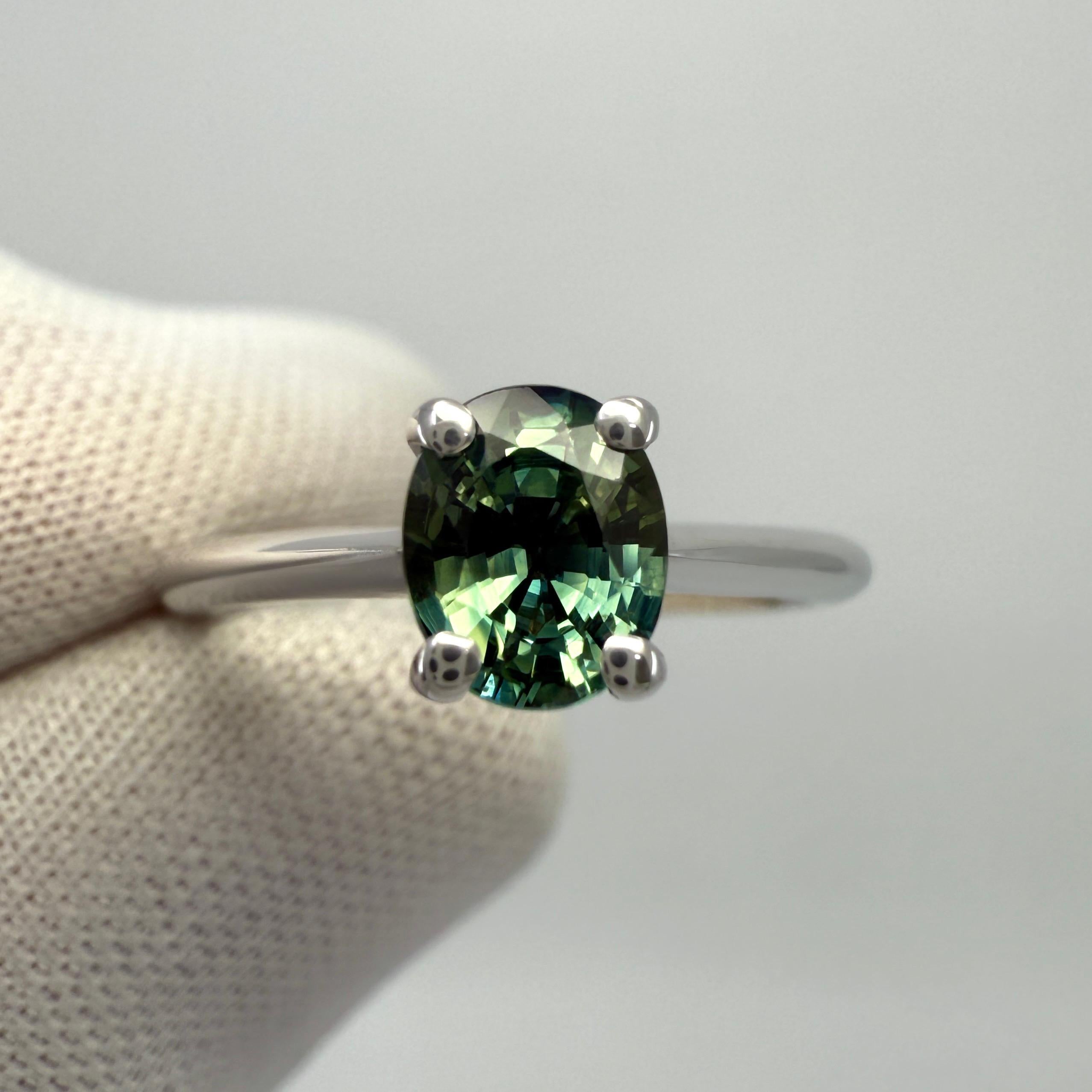 Natürlicher 0,80ct Vivid Blue Green Sapphire Oval Cut Platin Solitär Ring im Zustand „Neu“ im Angebot in Birmingham, GB
