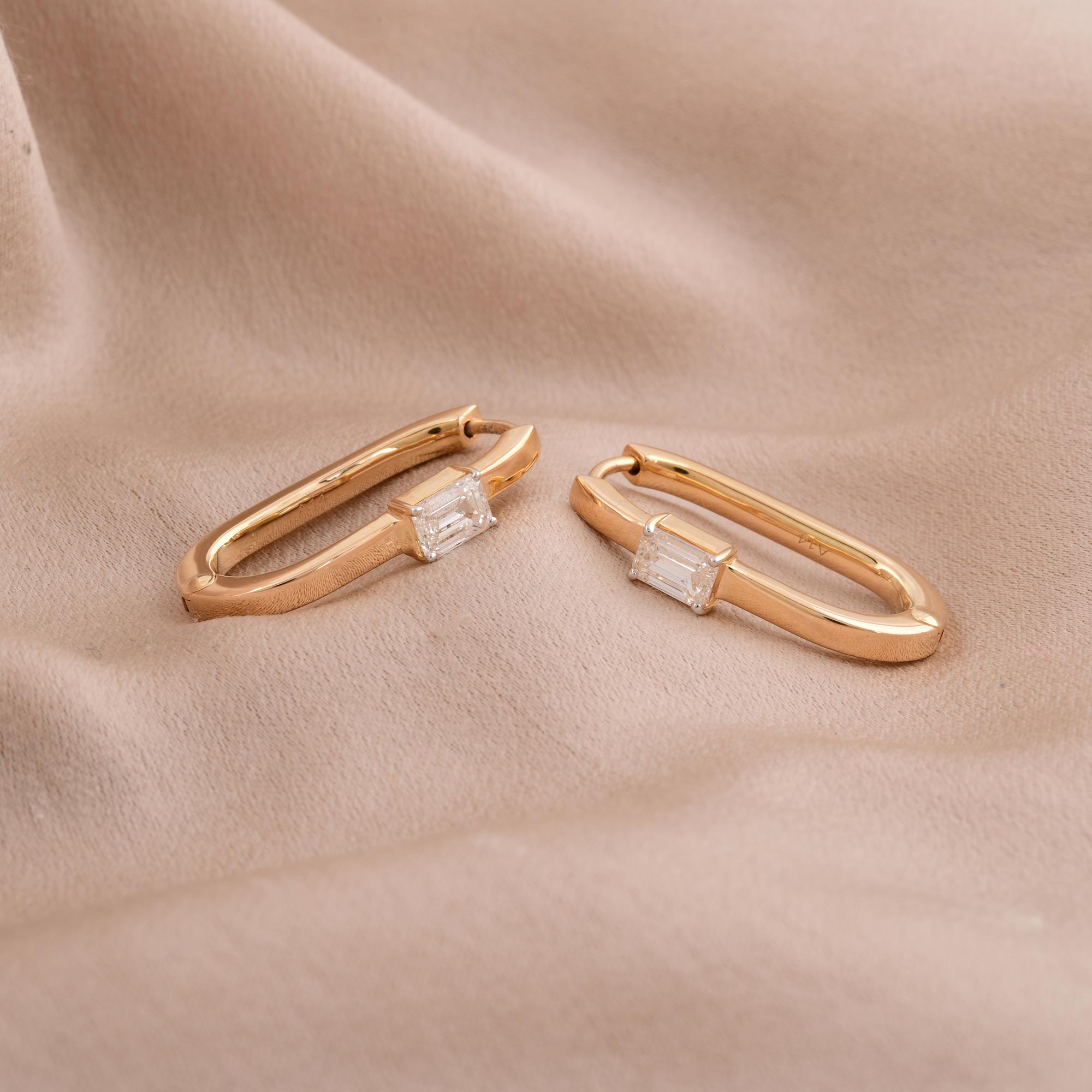 Créoles en or jaune 18 carats avec diamants naturels taille émeraude de 0,81 carat SI/H Pour femmes en vente