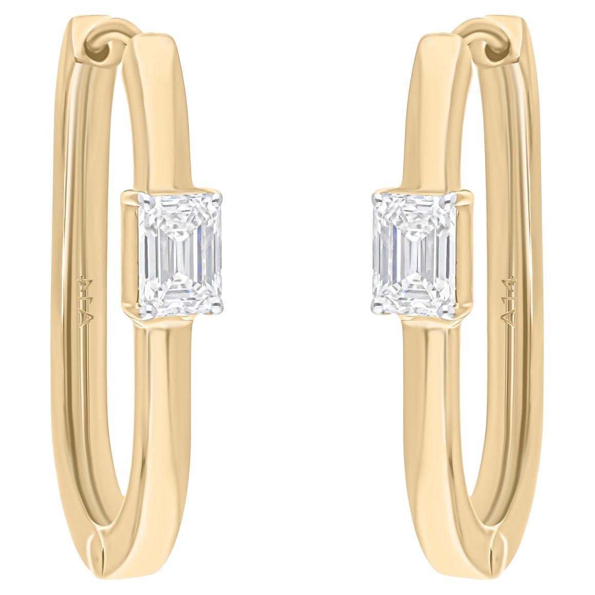 Natural 0.81 Carat SI/H Emerald Cut Diamond Hoop Earrings 18 Karat Yellow Gold