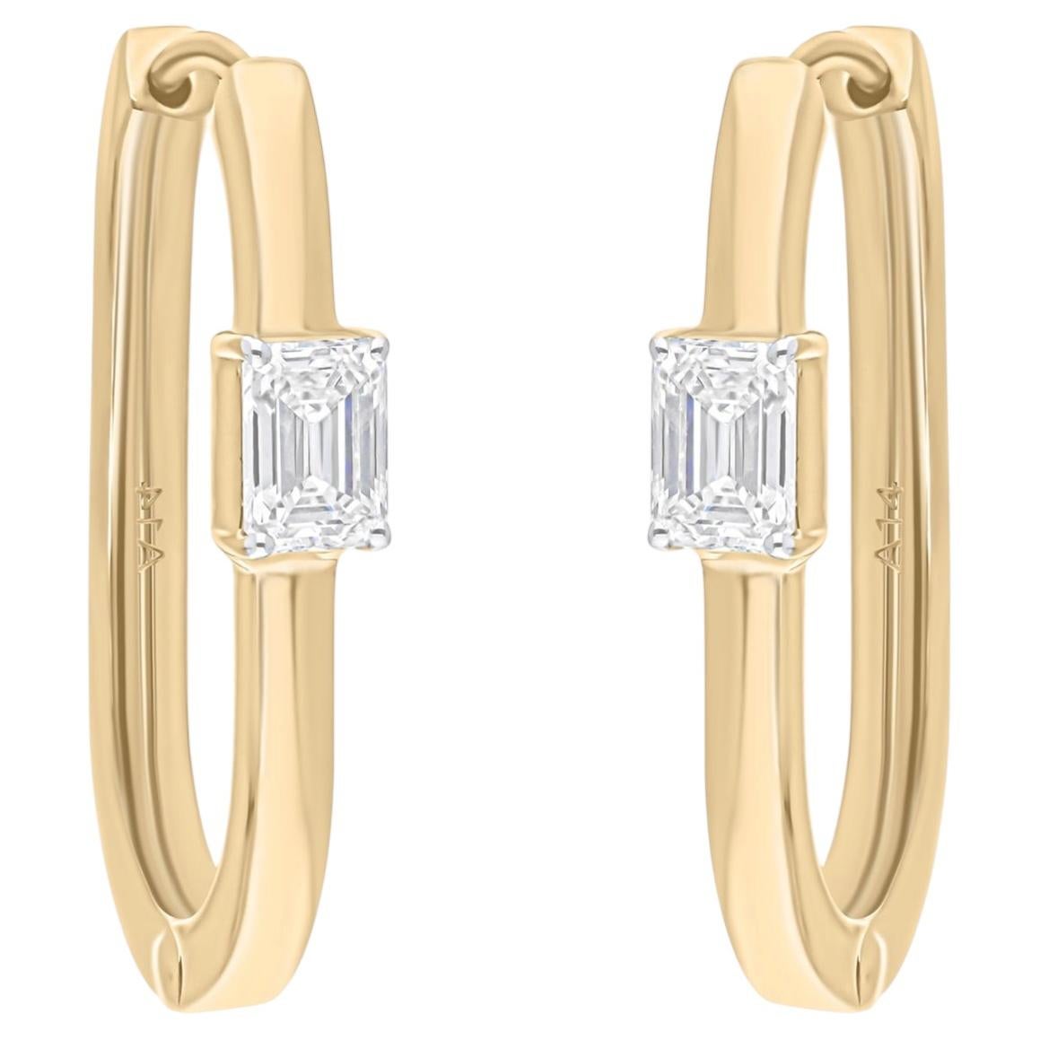 Natural 0.81 Carat SI/H Emerald Cut Diamond Hoop Earrings 18 Karat Yellow Gold