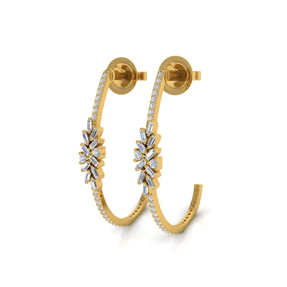 Modern Natural 0.84 Carat SI/H Baguette Round Diamond Earrings 18 Karat Yellow Gold For Sale