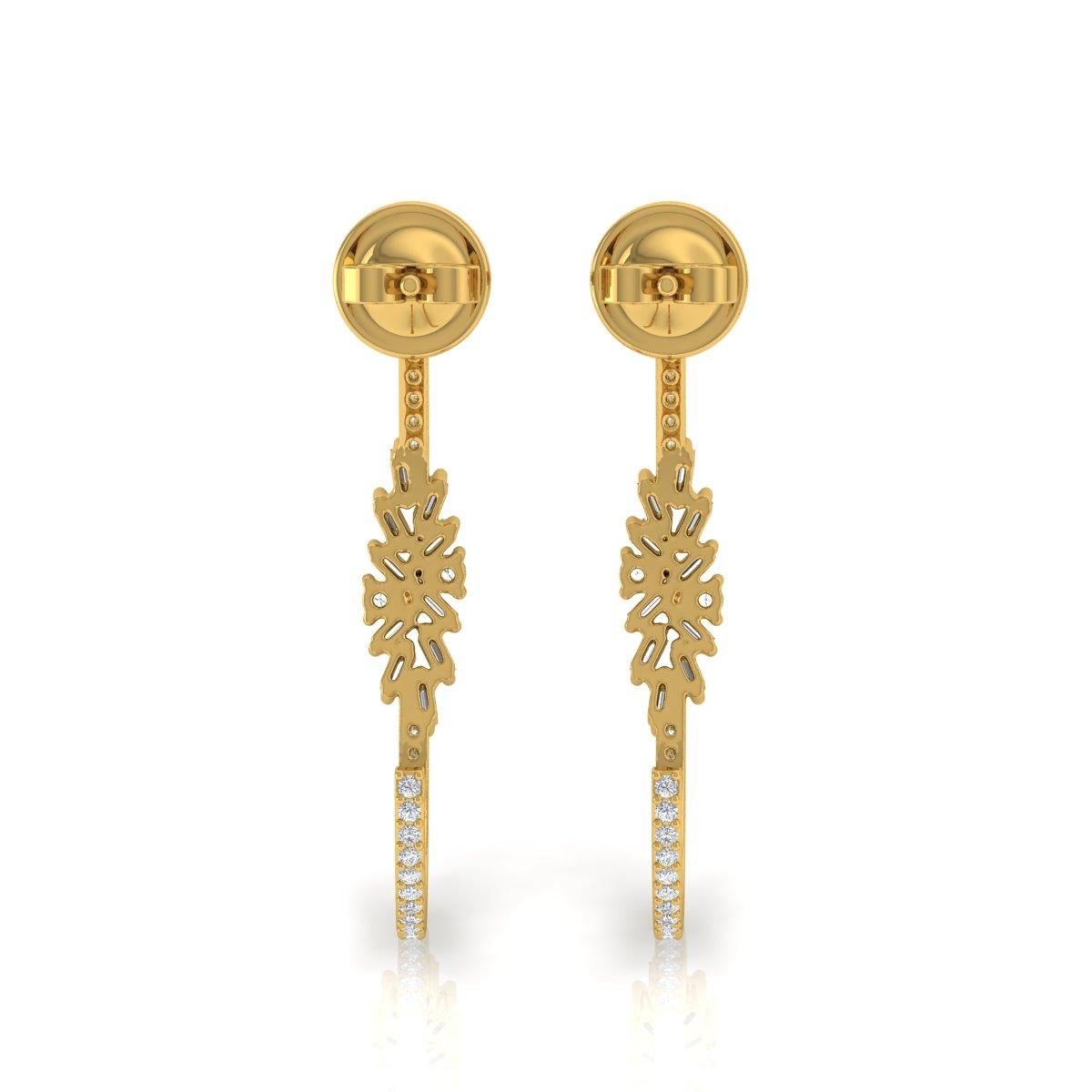 Baguette Cut Natural 0.84 Carat SI/H Baguette Round Diamond Earrings 18 Karat Yellow Gold For Sale