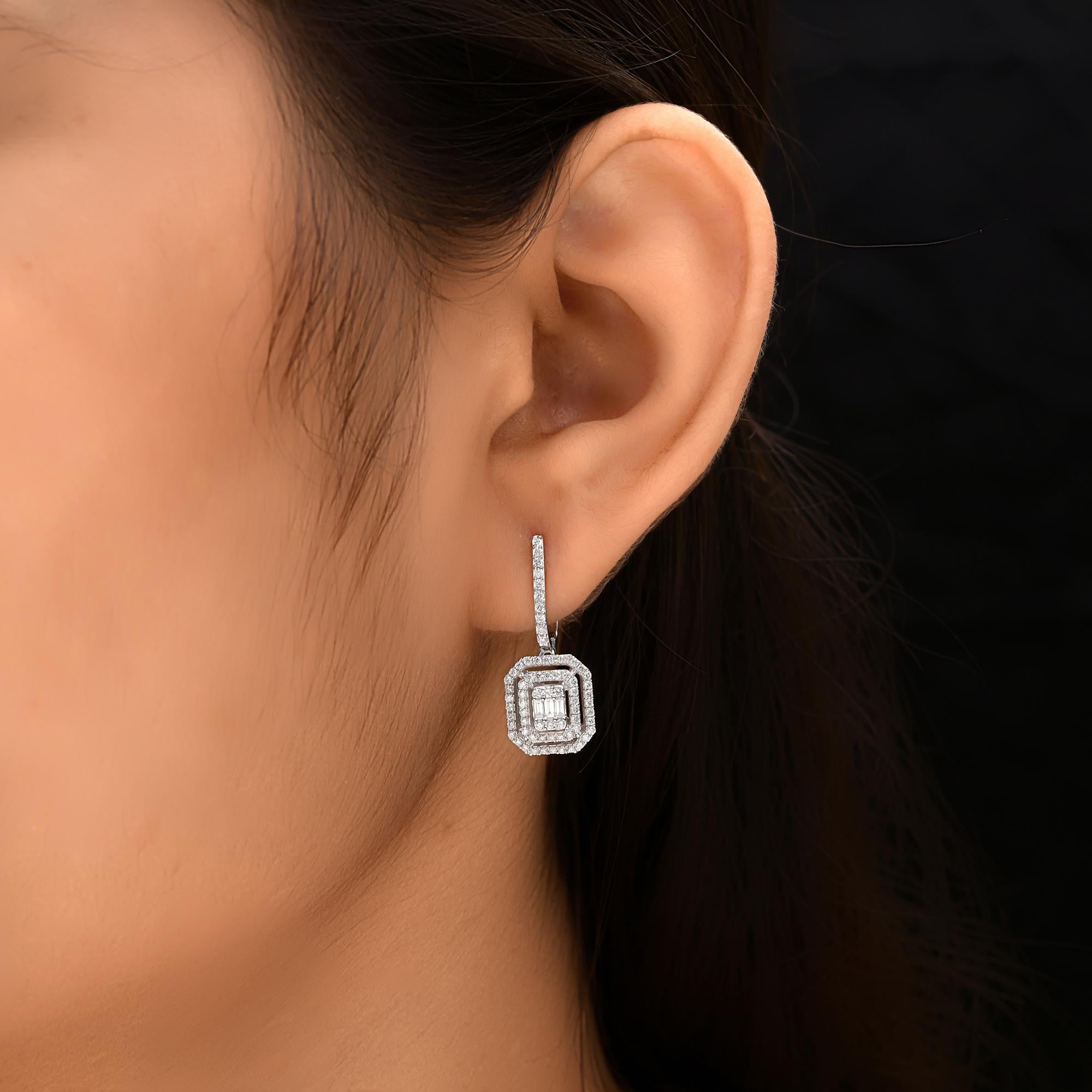 Baguette Cut Natural 0.84 Carat SI/H Diamond Dangle Earrings 14 Karat White Gold Fine Jewelry For Sale