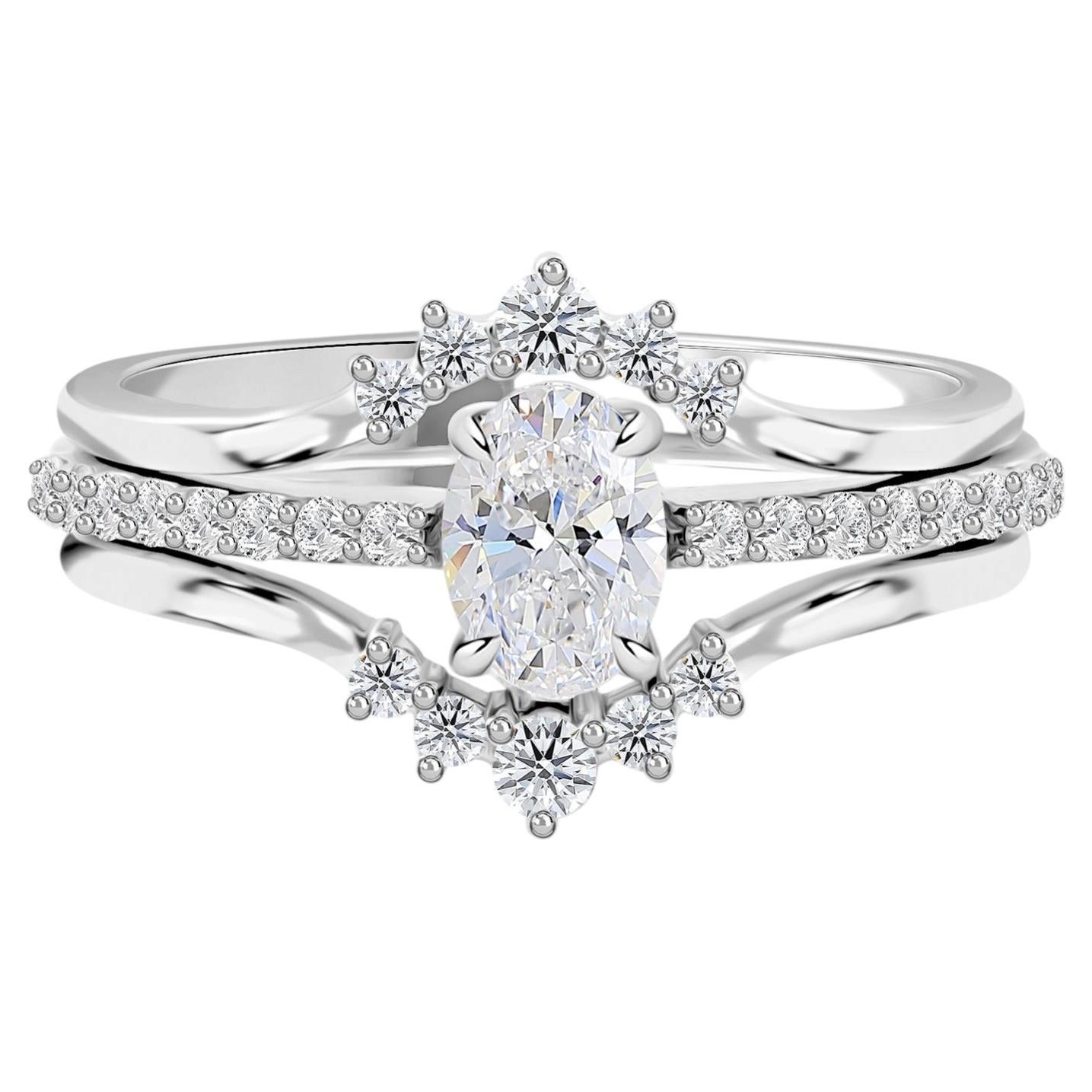 For Sale:  Natural 0.84 Carat SI/H Oval Diamond Ring Set 18 Karat White Gold Jewelry