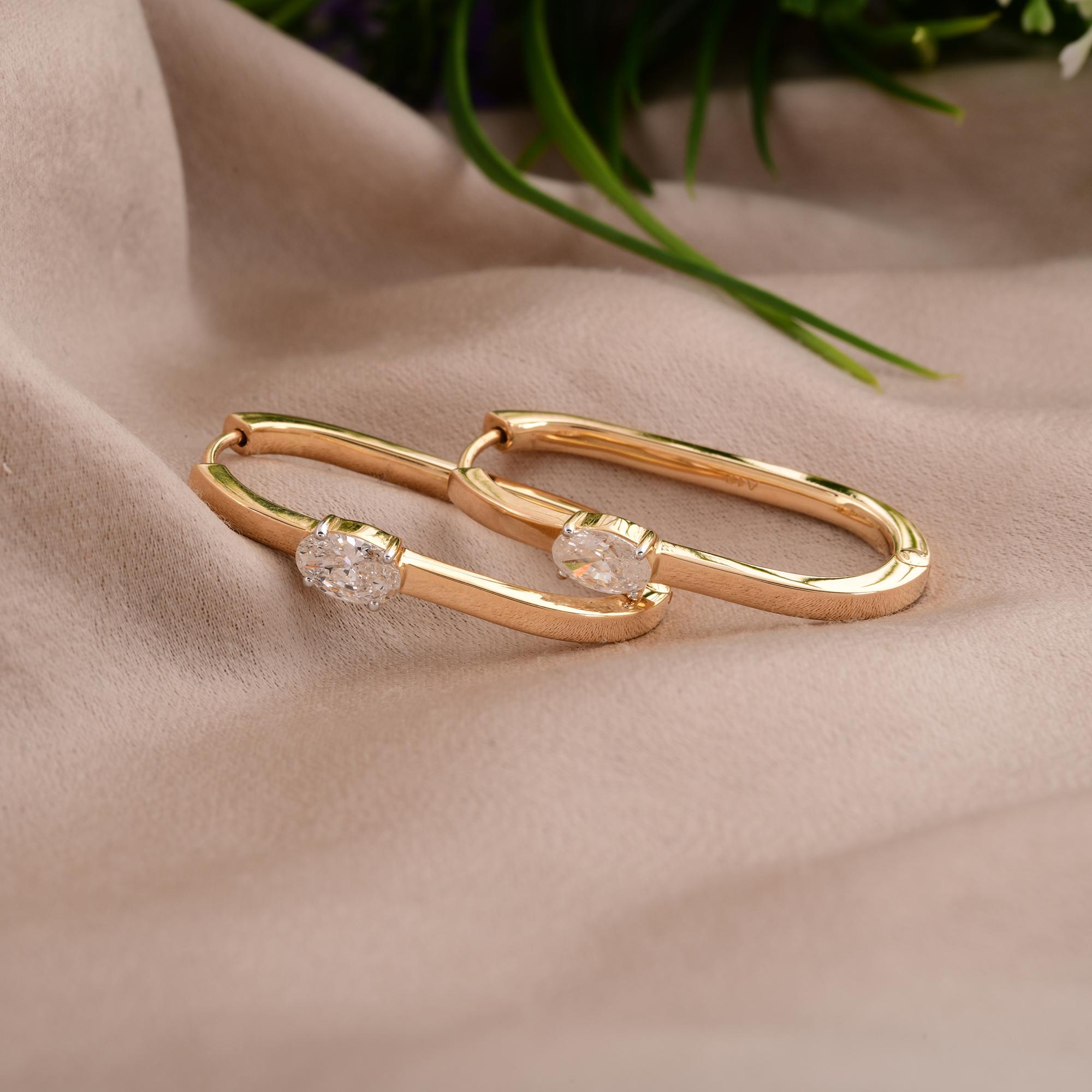 Oval Cut Natural 0.84 Carat SI/H Oval Shape Diamond Hoop Earrings 18 Karat Yellow Gold For Sale