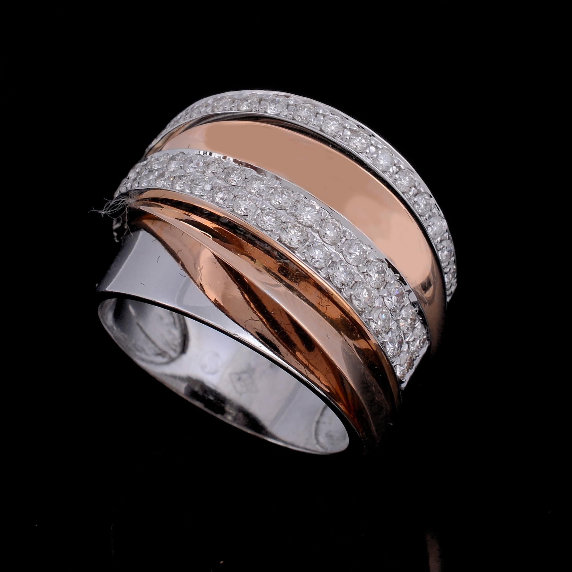 Round Cut Natural 0.85 Carat Diamond Multi Layer Ring 18 Karat Rose & White Gold Jewelry For Sale
