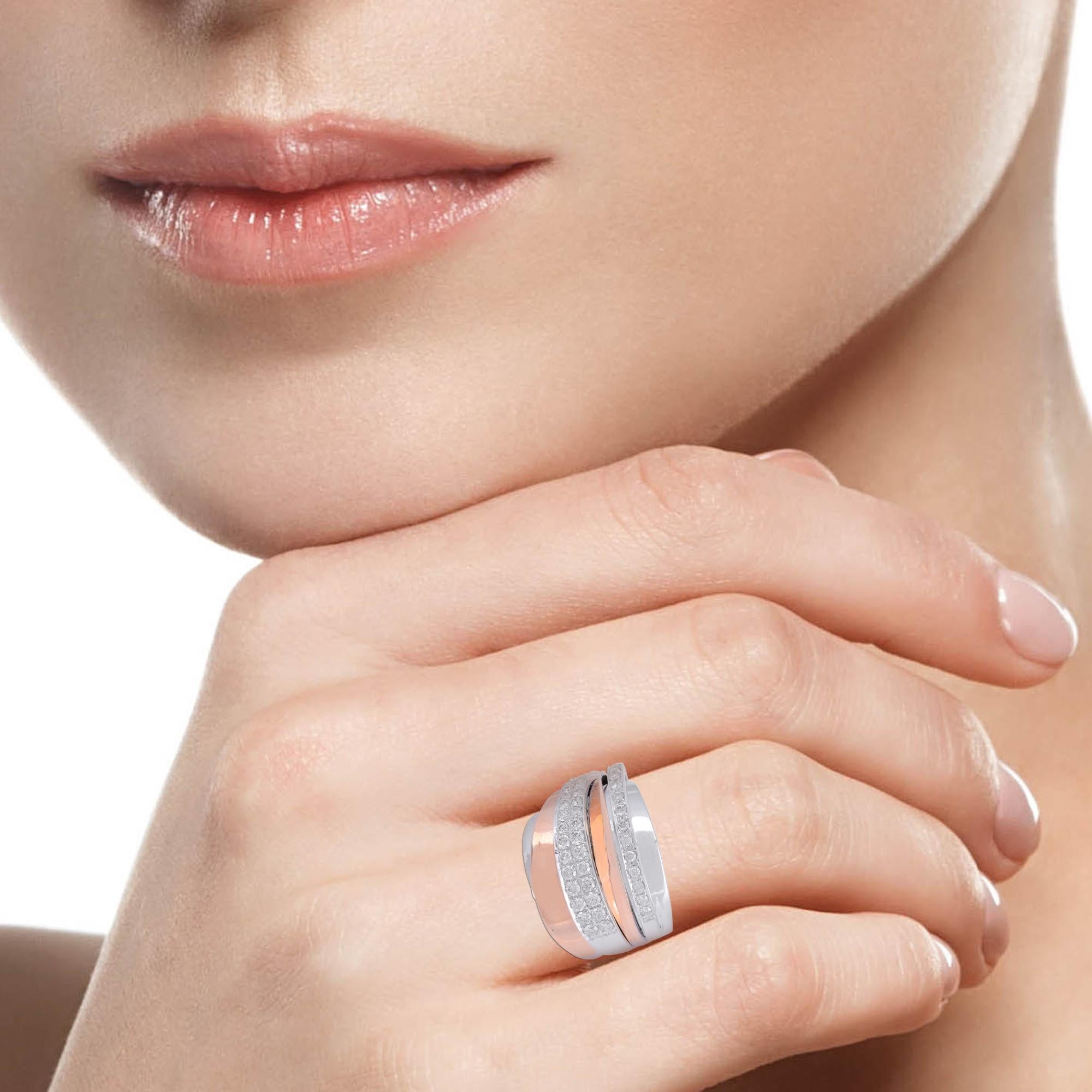 Women's Natural 0.85 Carat Diamond Multi Layer Ring 18 Karat Rose & White Gold Jewelry For Sale