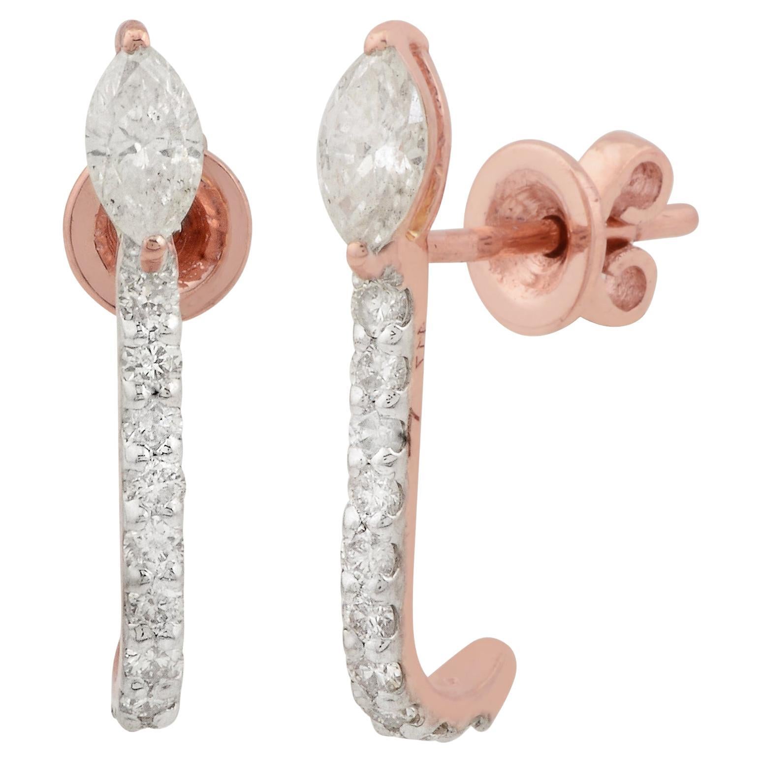 Natural 0.85 Carat SI/HI Marquise Round Diamond Half Hoop Earrings 10k Rose Gold