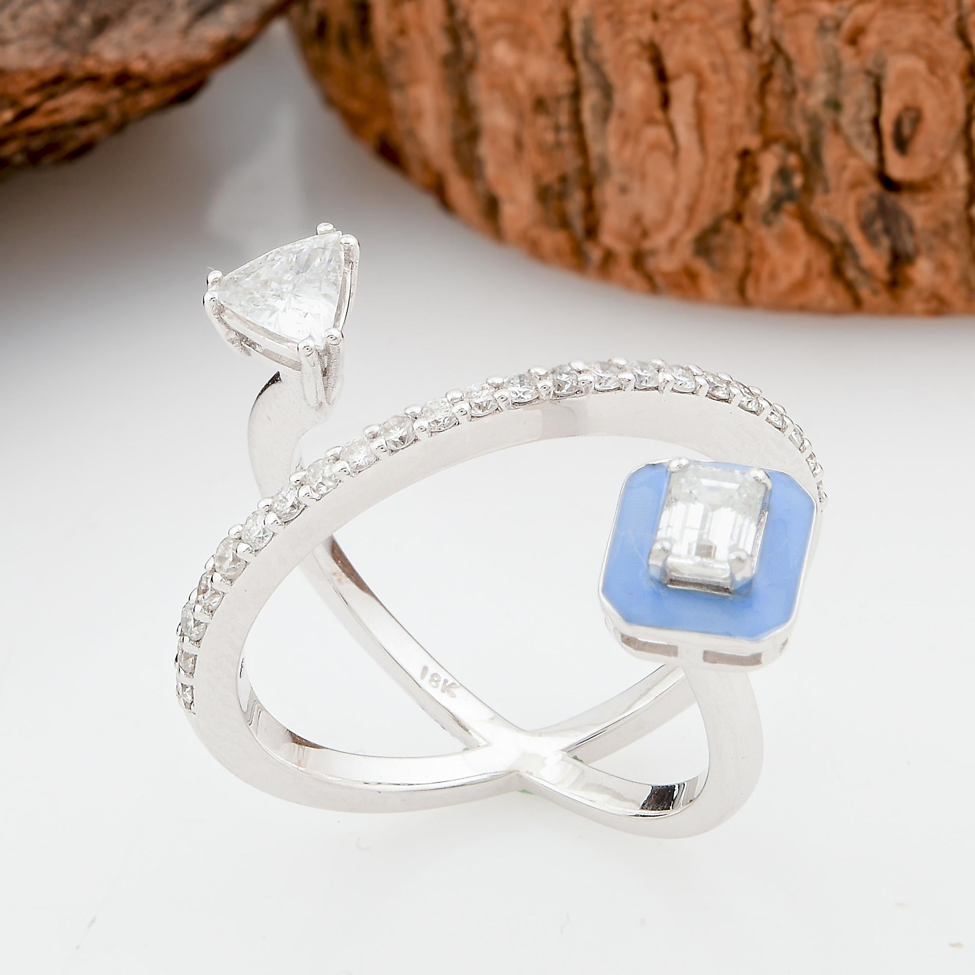 Modern Natural 0.87 Carat Diamond Criss Cross Enamel Cuff Ring 18k White Gold Jewelry For Sale