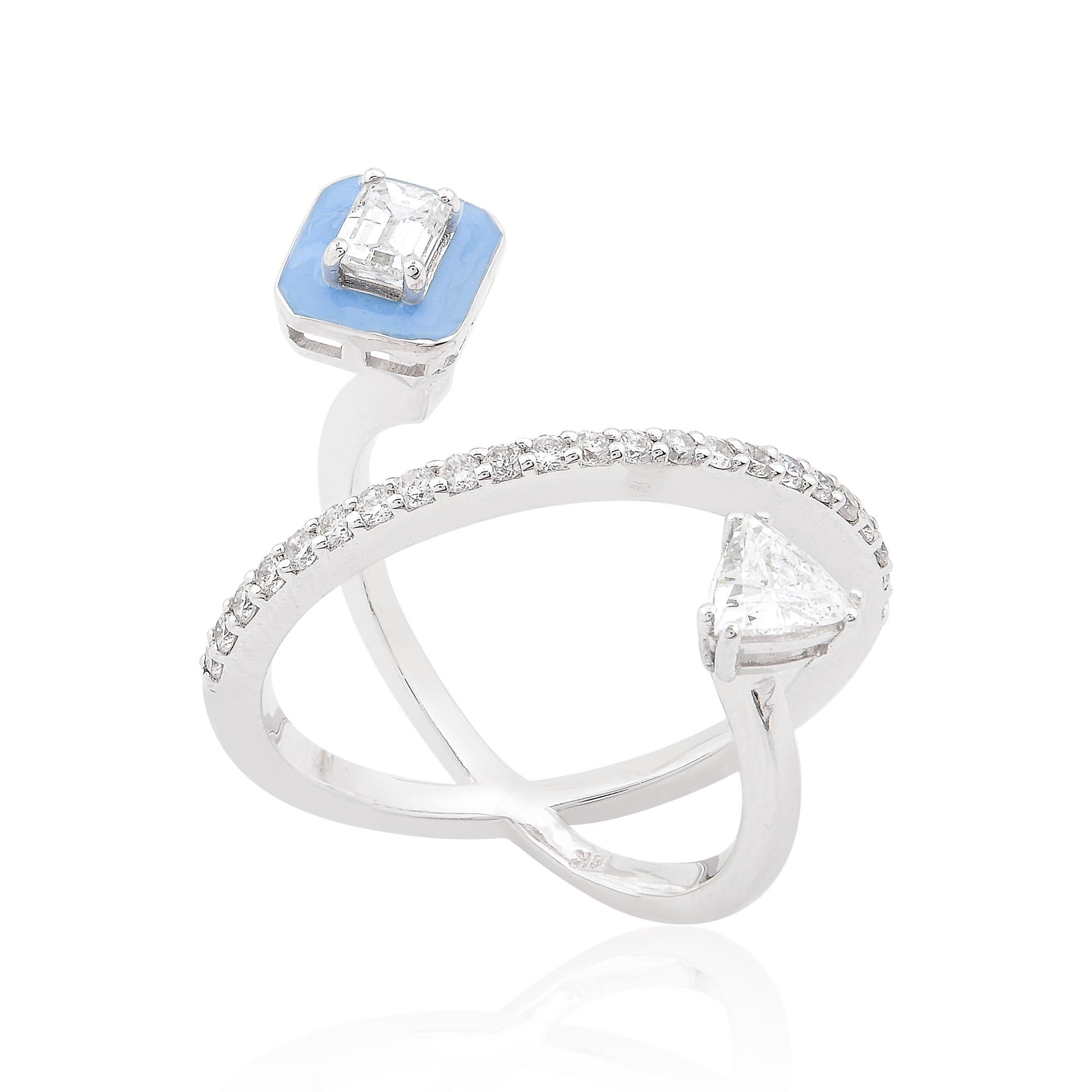 Trillion Cut Natural 0.87 Carat Diamond Criss Cross Enamel Cuff Ring 18k White Gold Jewelry For Sale