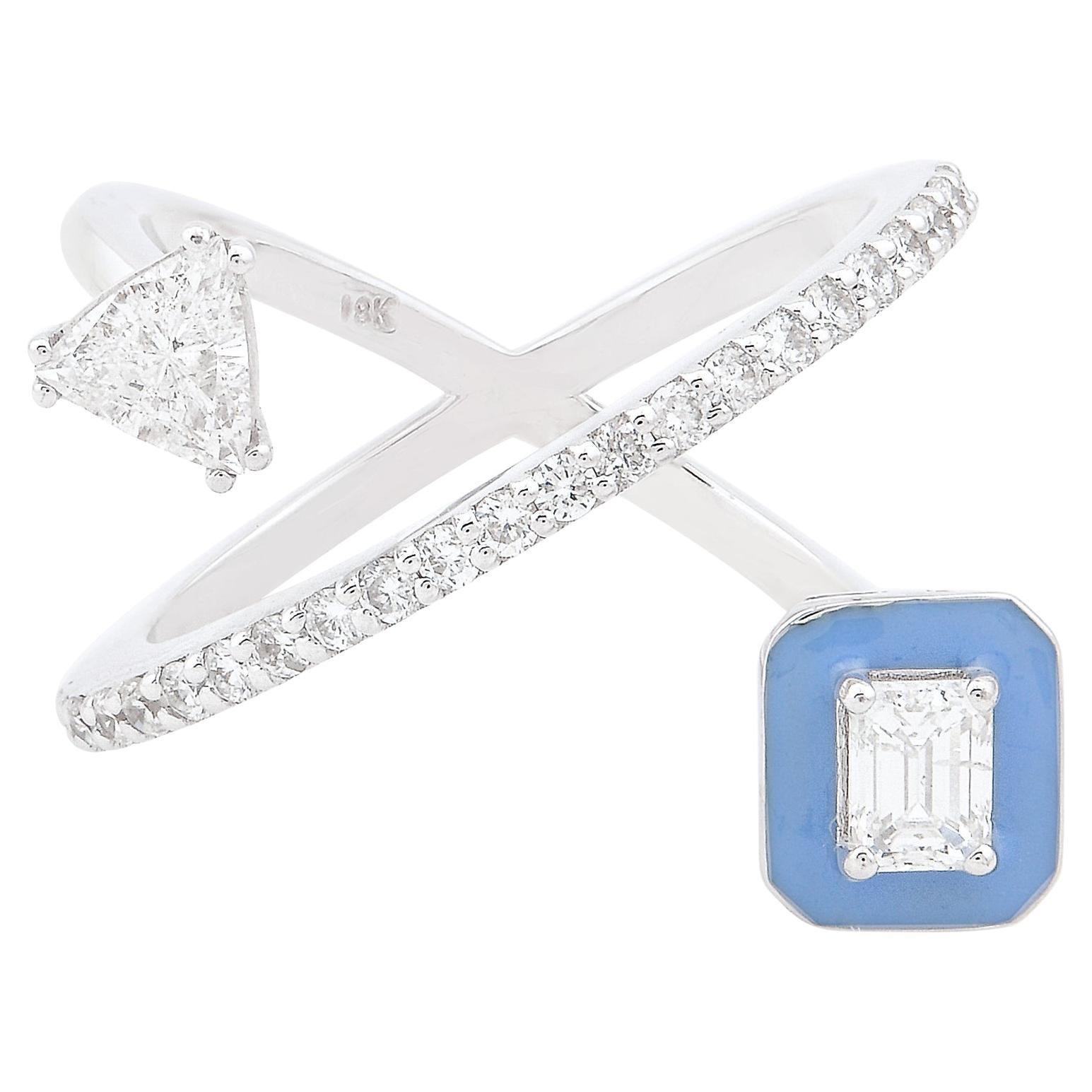 Natural 0.87 Carat Diamond Criss Cross Enamel Cuff Ring 18k White Gold Jewelry For Sale