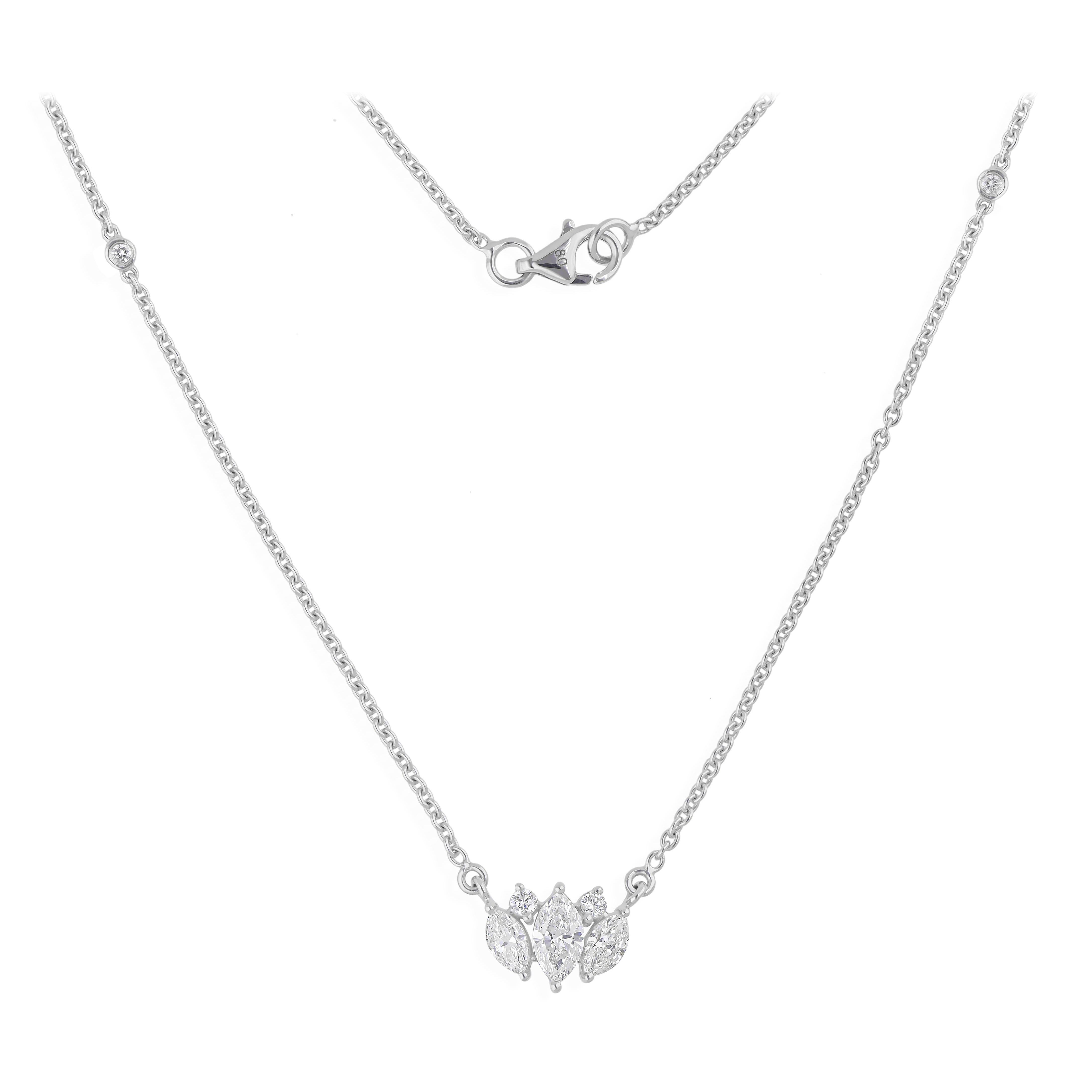 Natural 0.87 Carat Marquise Round Diamond Charm Necklace 18 Karat White Gold