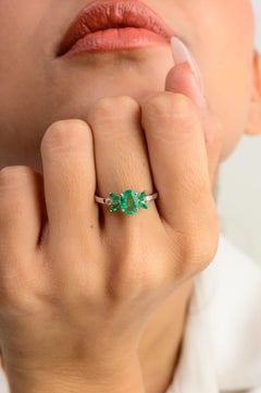 Natural 0.9 CTW Oval Emerald Diamond Wedding Ring in 14k Solid White Gold