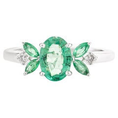Natural 0.9 CTW Oval Emerald Diamond Wedding Ring in 14k Solid White Gold
