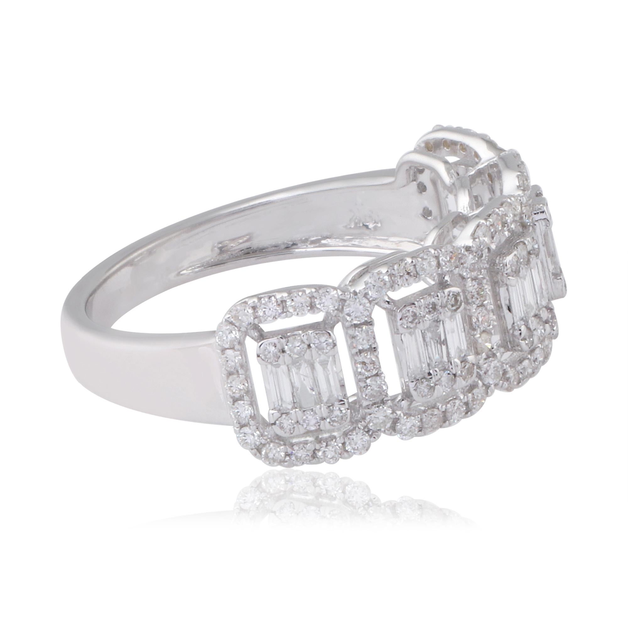 Baguette Cut Natural 0.90 Carat Baguette & Round Diamond Ring 18 Karat White Gold Jewelry For Sale