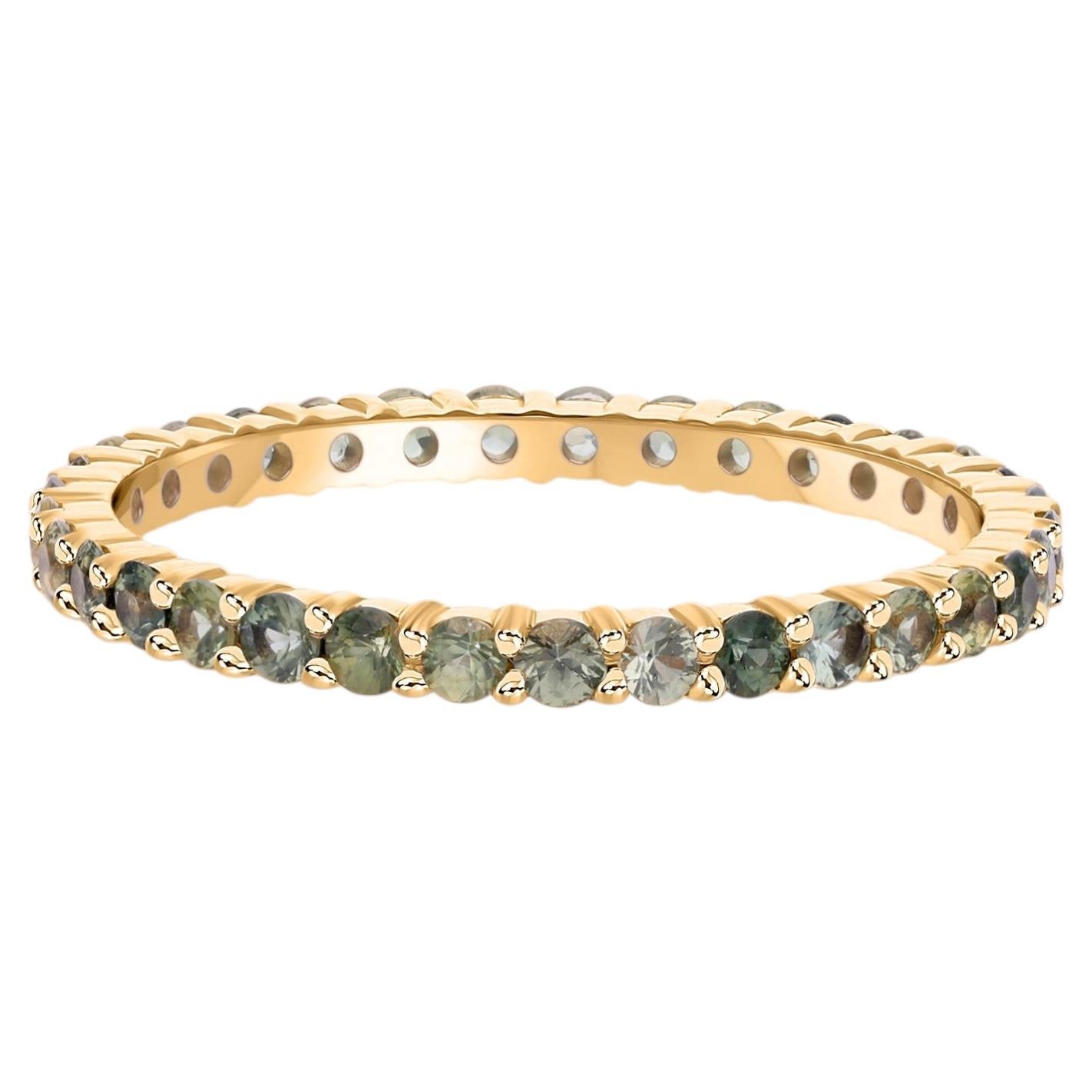 Natural 0.90 Carat Green Sapphire Band Ring 14 Karat Yellow Gold Fine Jewelry