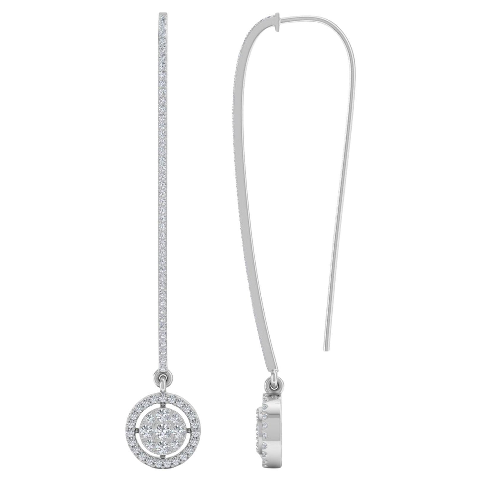 Natural 0.90 Carat Pave Diamond Dangle Earrings 14 Karat White Gold Fine Jewelry For Sale