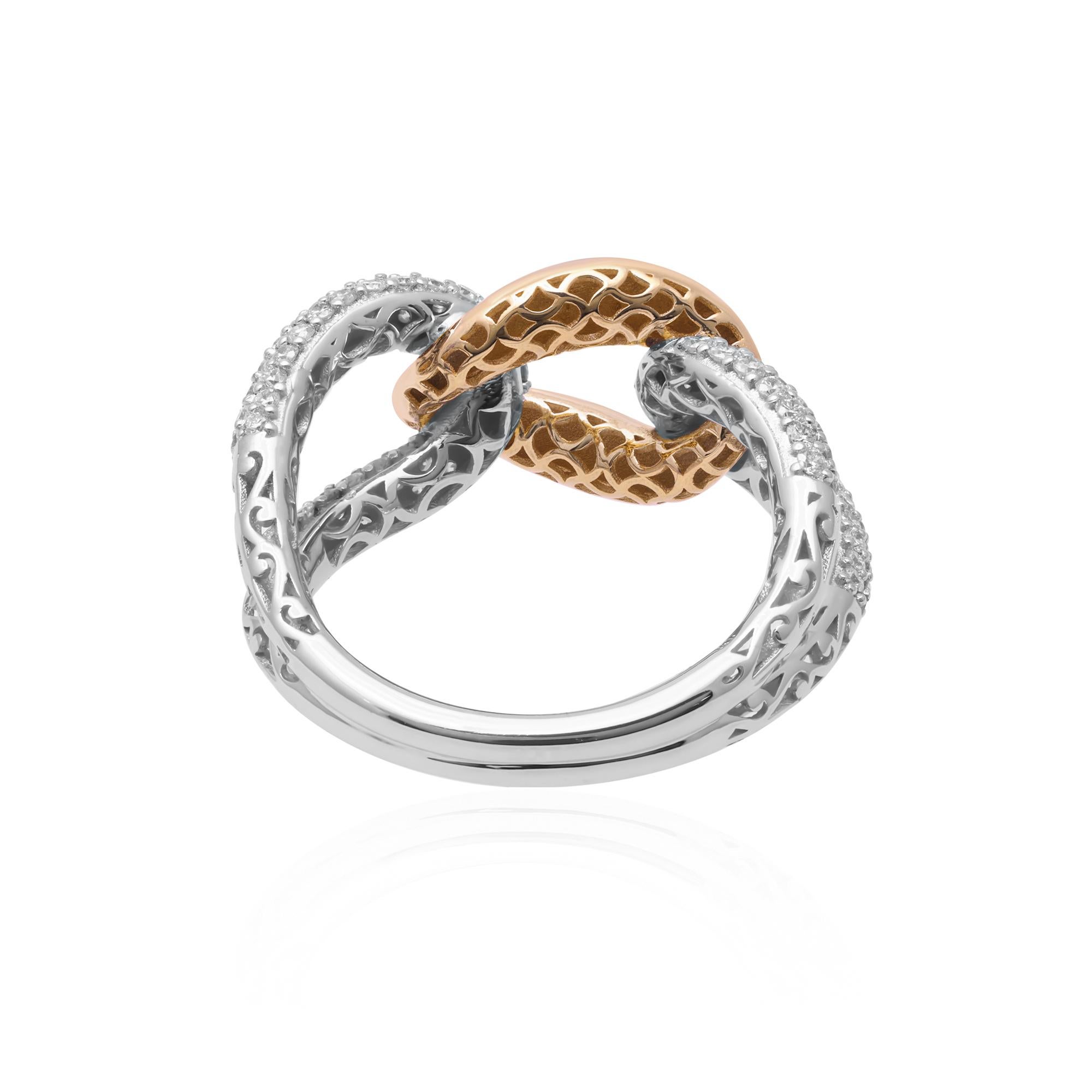 Modern Natural 0.91 Carat Round Diamond Fine Link Chain Ring 18 Karat White Yellow Gold For Sale