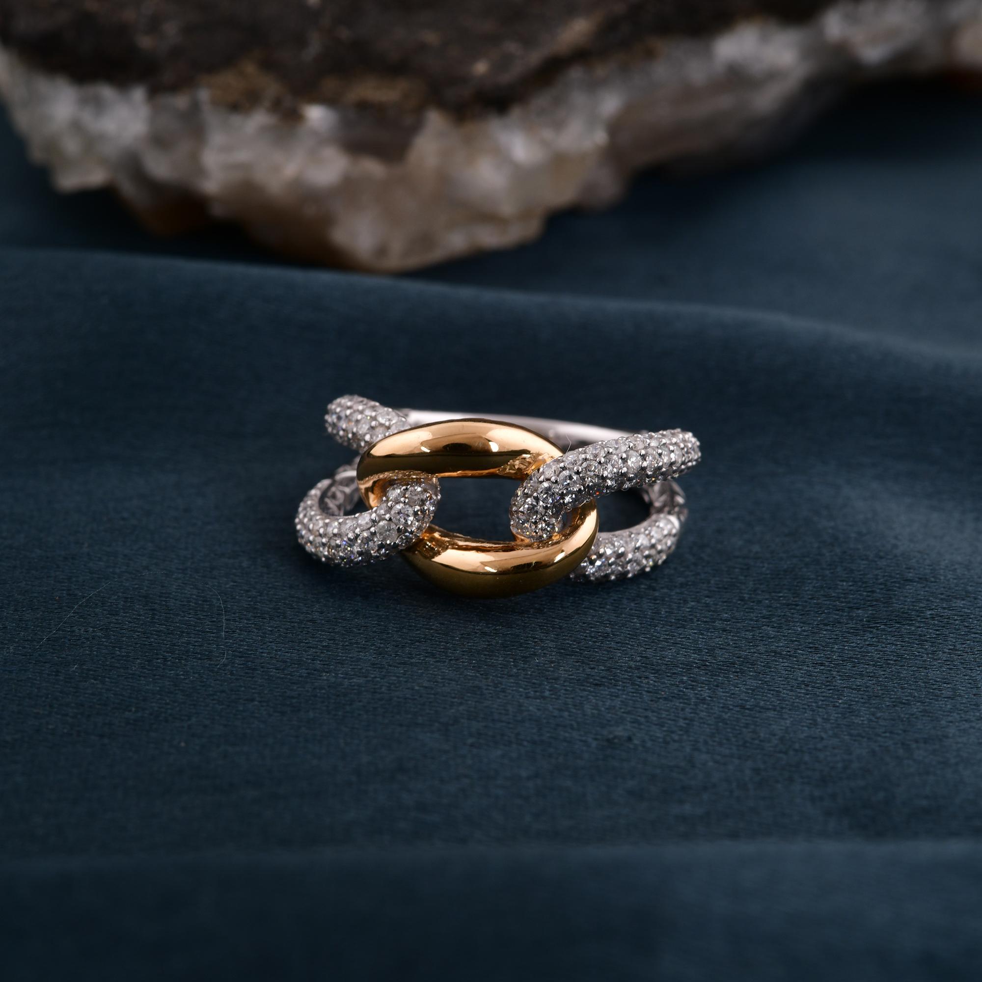 Women's Natural 0.91 Carat Round Diamond Fine Link Chain Ring 18 Karat White Yellow Gold For Sale