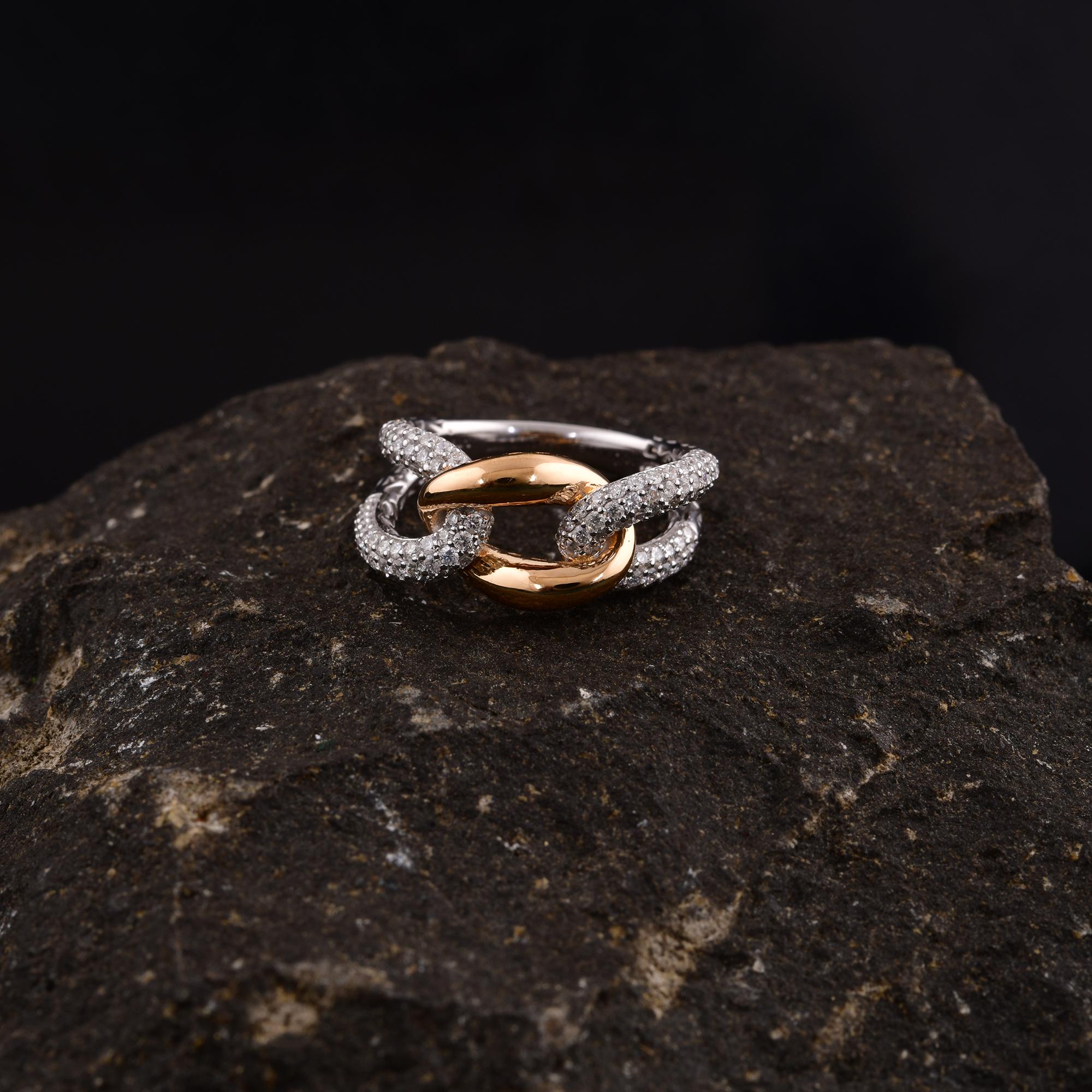 Natural 0.91 Carat Round Diamond Fine Link Chain Ring 18 Karat White Yellow Gold For Sale 1