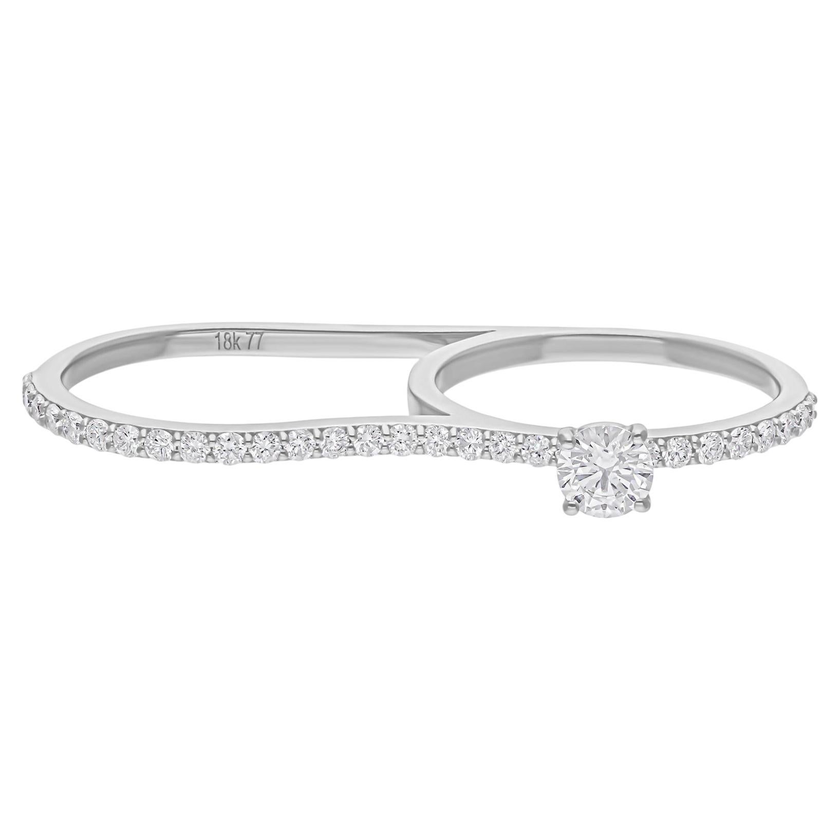 Natural 0.91 Carat SI/H Diamond Double Finger Band Ring 18 Karat White Gold