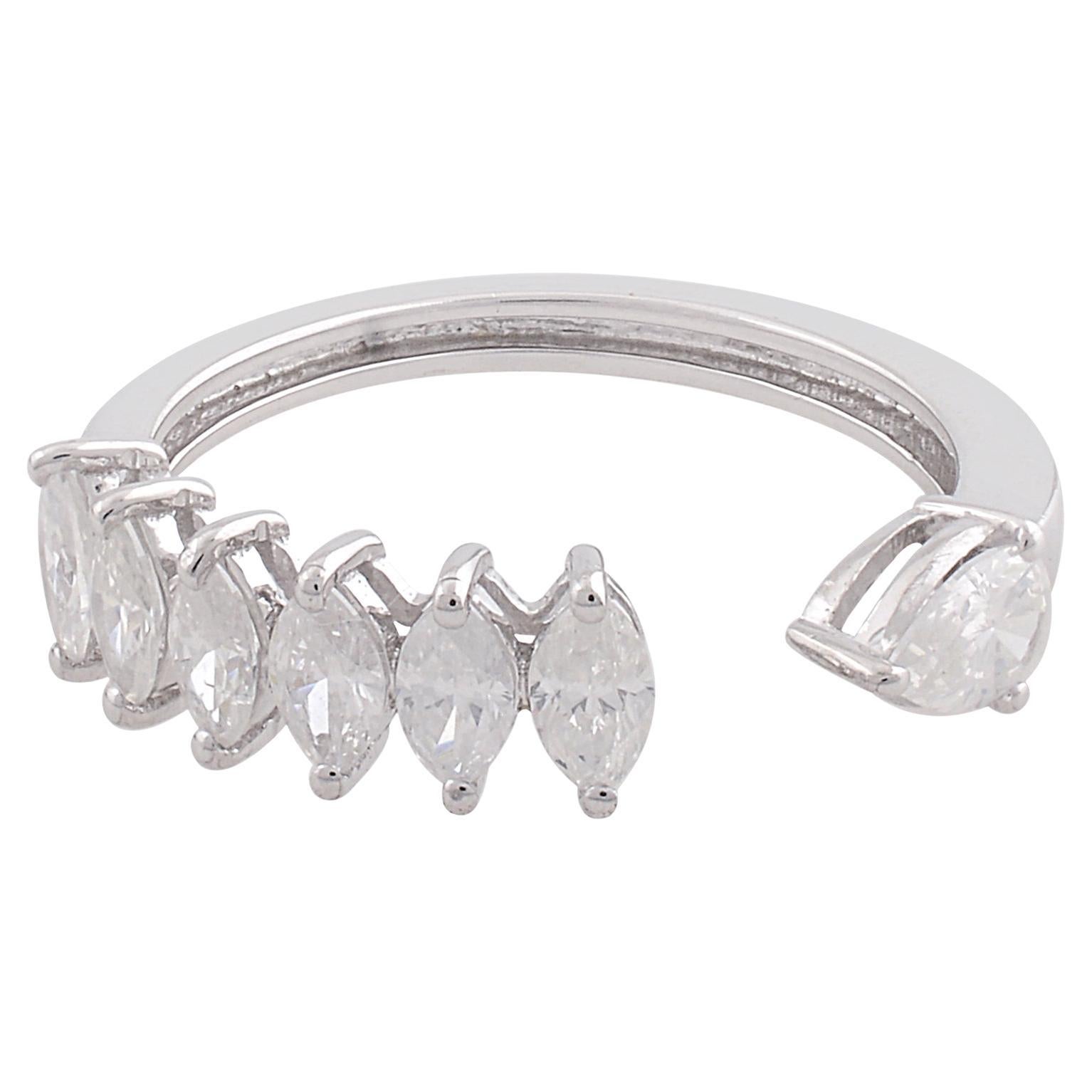 Natural 0.91 Carat SI/H Marquise Pear Diamond Cuff Ring 10 Karat White Gold For Sale