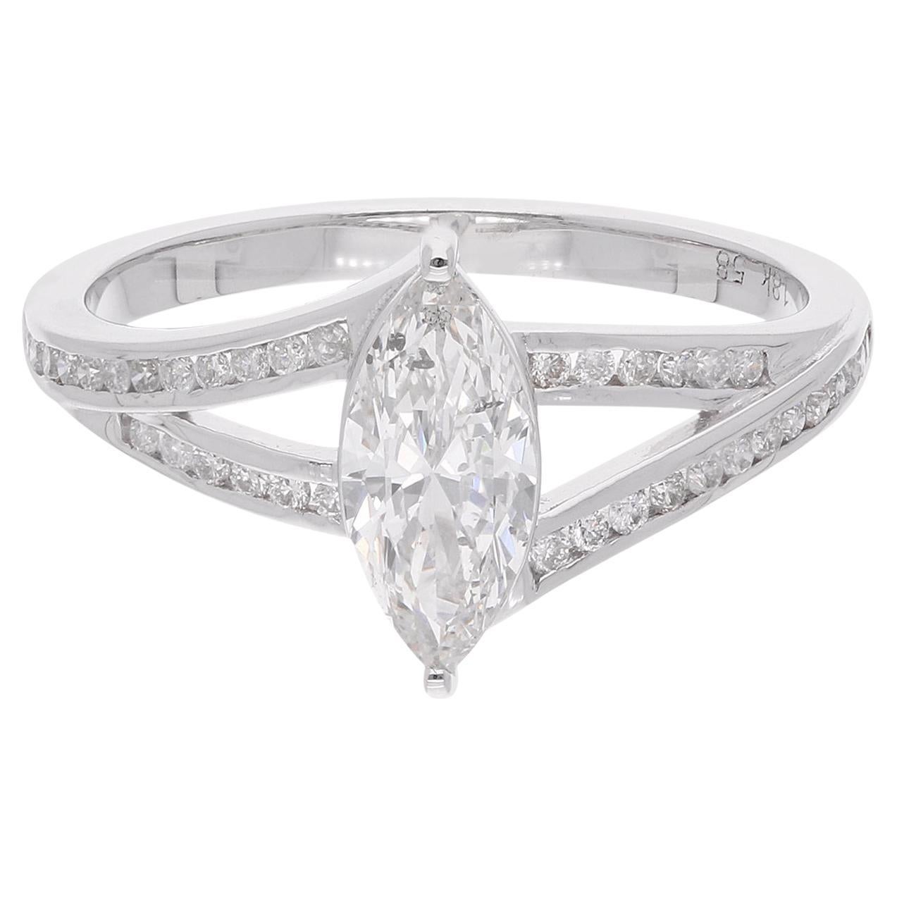 Natural 0.94 Carat Marquise & Round Diamond Wedding Ring 14 Karat White Gold For Sale