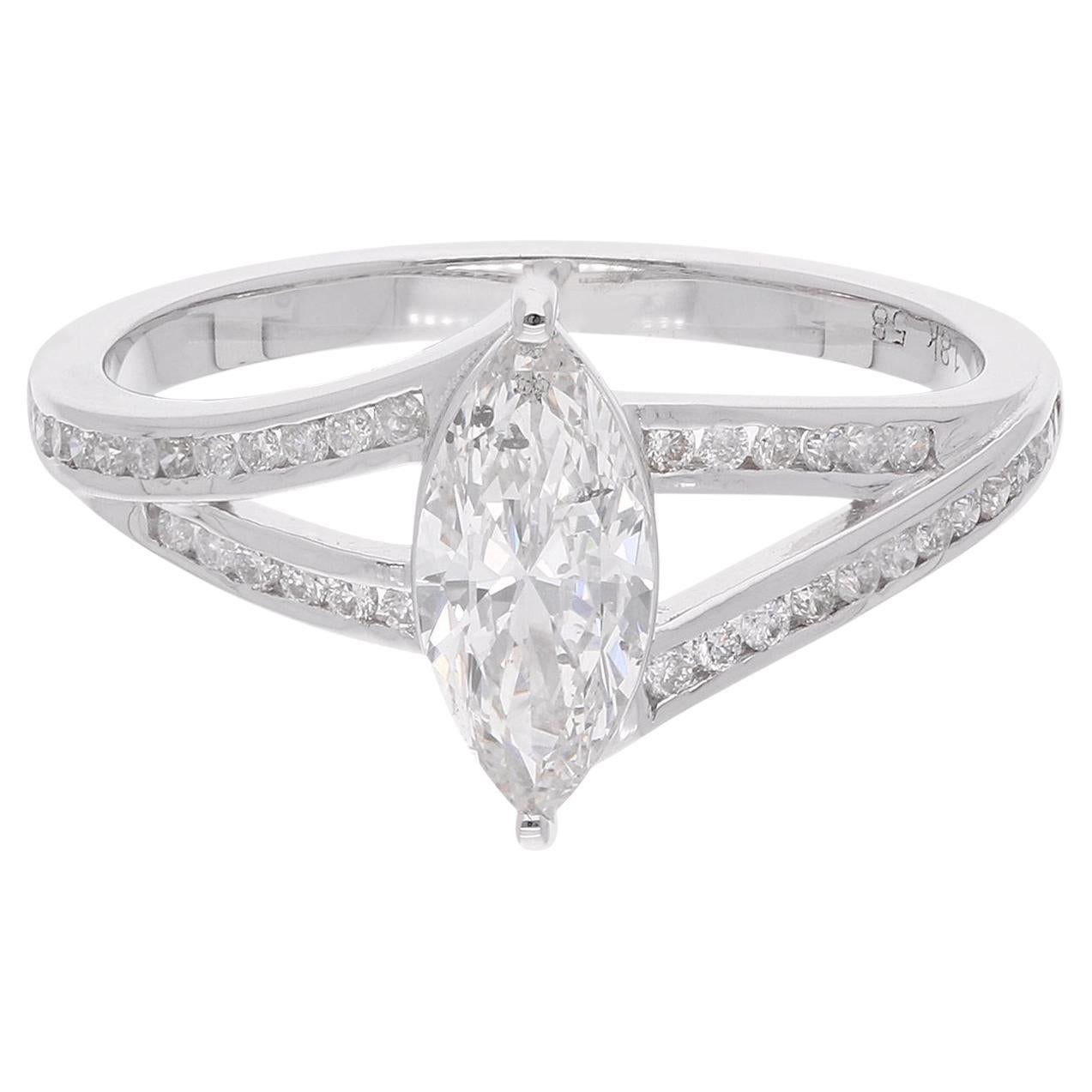 Natural 0.94 Carat Marquise & Round Diamond Wedding Ring 18 Karat White Gold For Sale