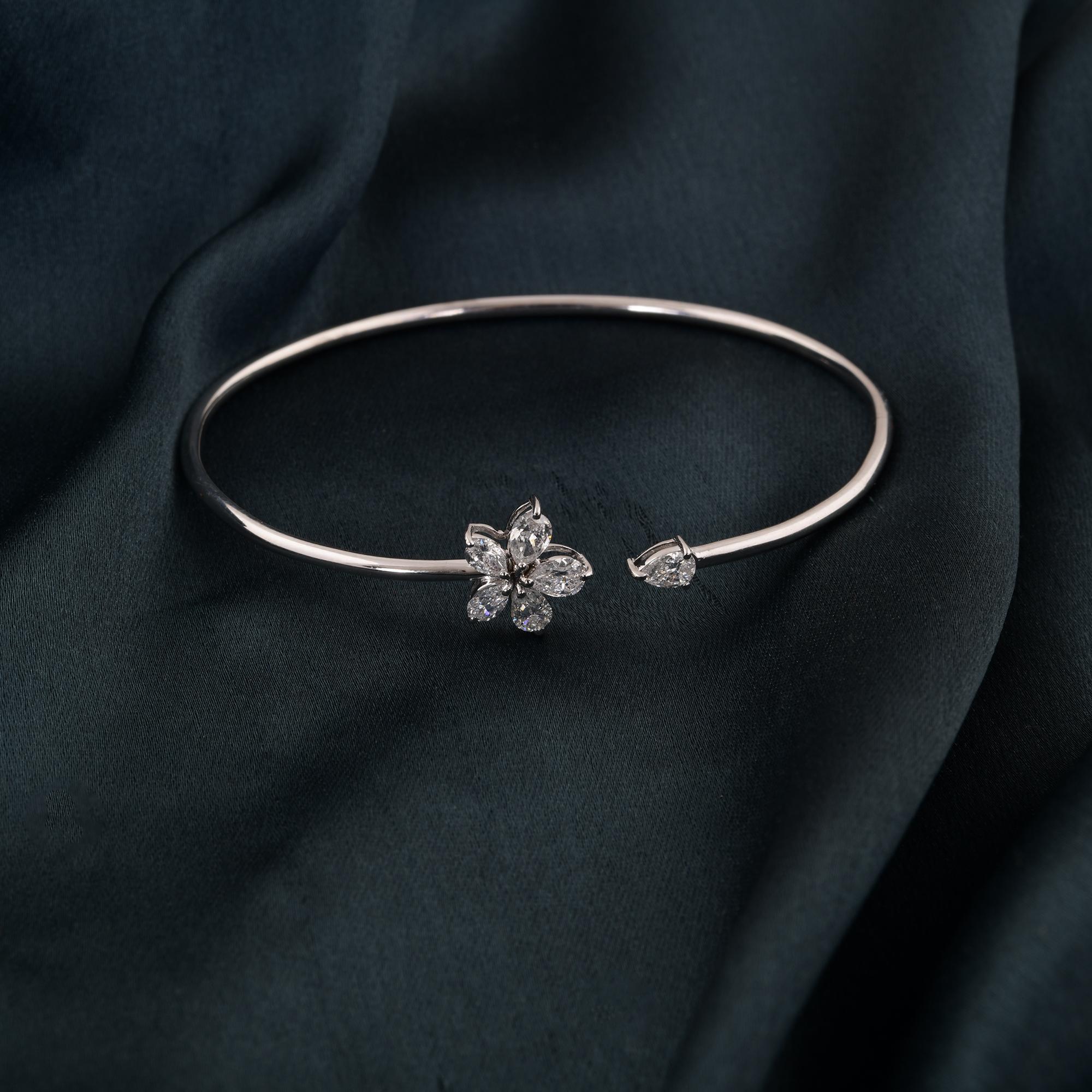 Women's Natural 0.95 Carat Pear Diamond Cuff Bangle Bracelet 18 Karat White Gold Jewelry For Sale