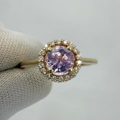 Natural 0.95ct Round Cut Pink Purple Sapphire Diamond 18k Yellow Gold Halo Ring