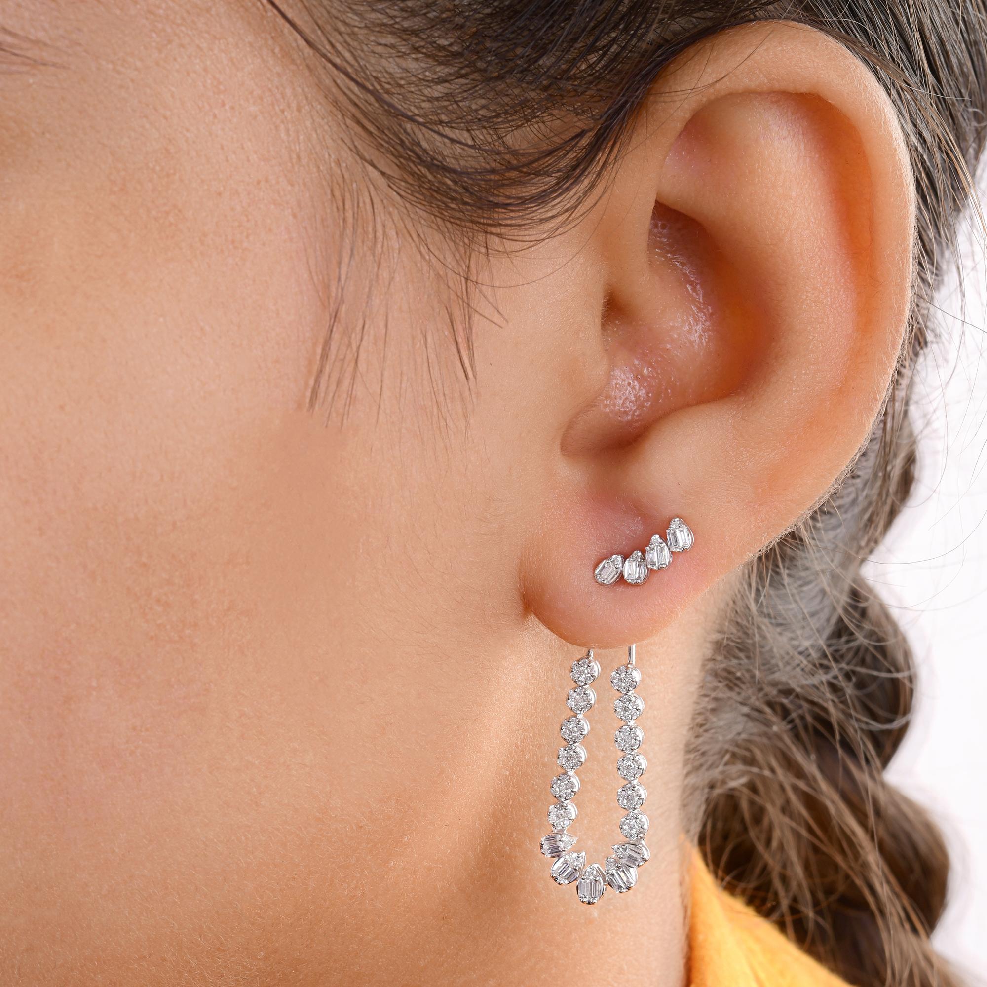 Baguette Cut Natural 0.96 Carat SI/H Baguette Diamond Jacket Earrings 18 Karat White Gold For Sale