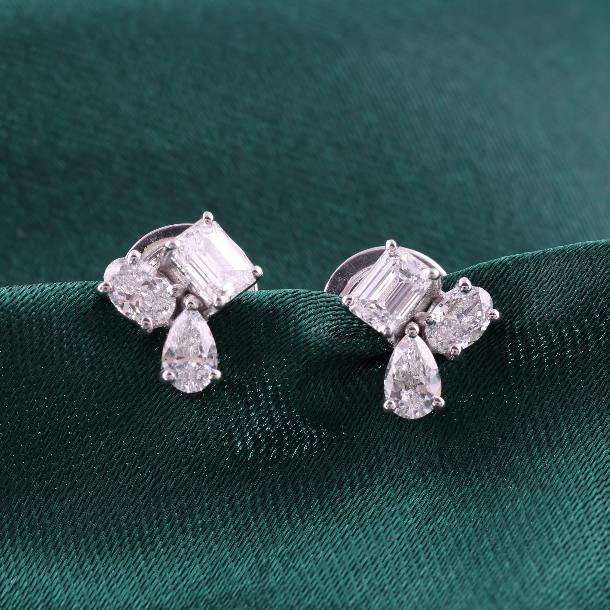 Pendientes de oro blanco de 9 quilates con diamantes multiforma SI/H naturales de 0,97 quilates Corte esmeralda en venta